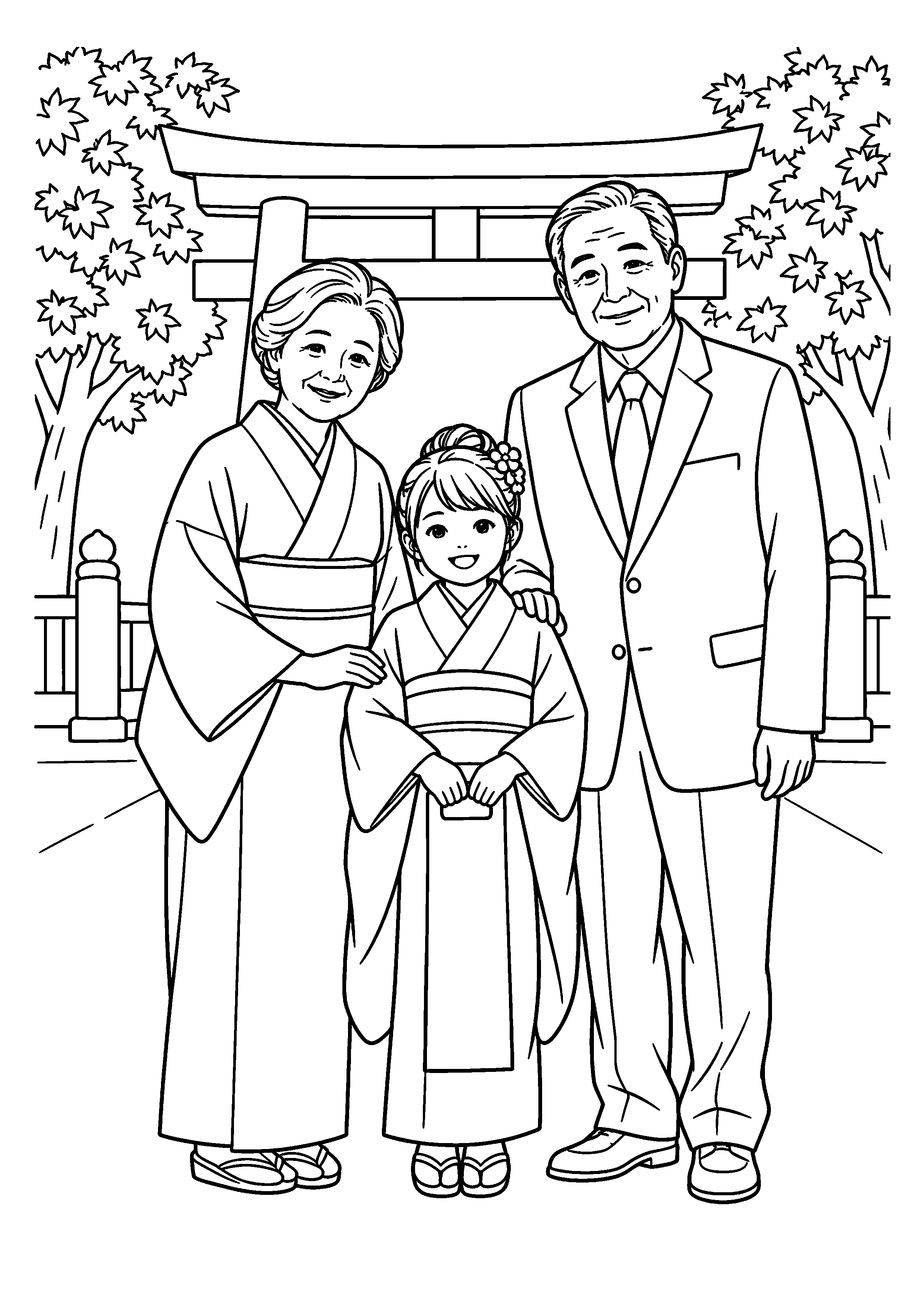 神社の鳥居前で晴れ着の子どもと祖父母が並ぶ七五三の日を描いた高齢者向けの白黒線画塗り絵