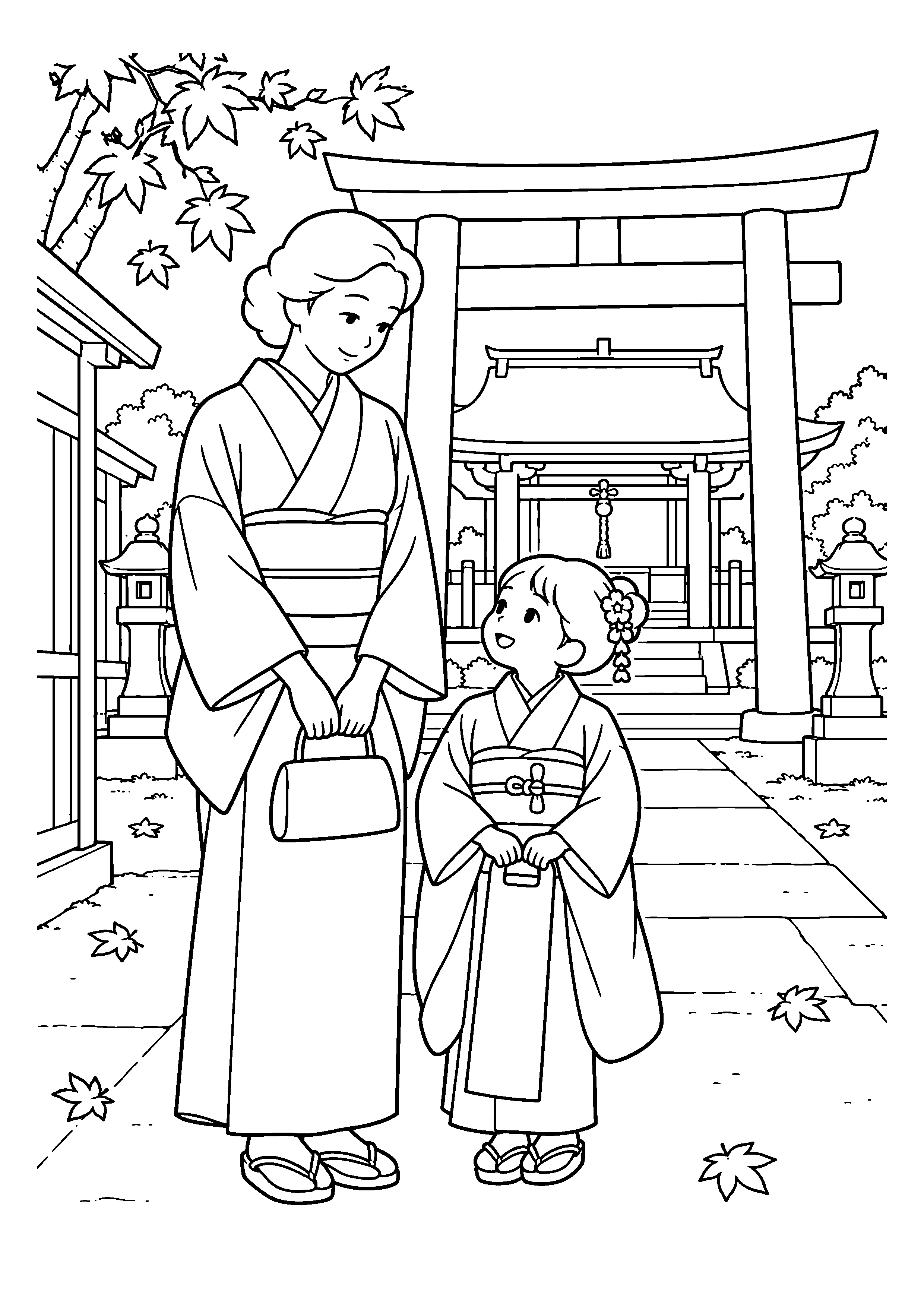 【１１月】七五三の神社前の塗り絵