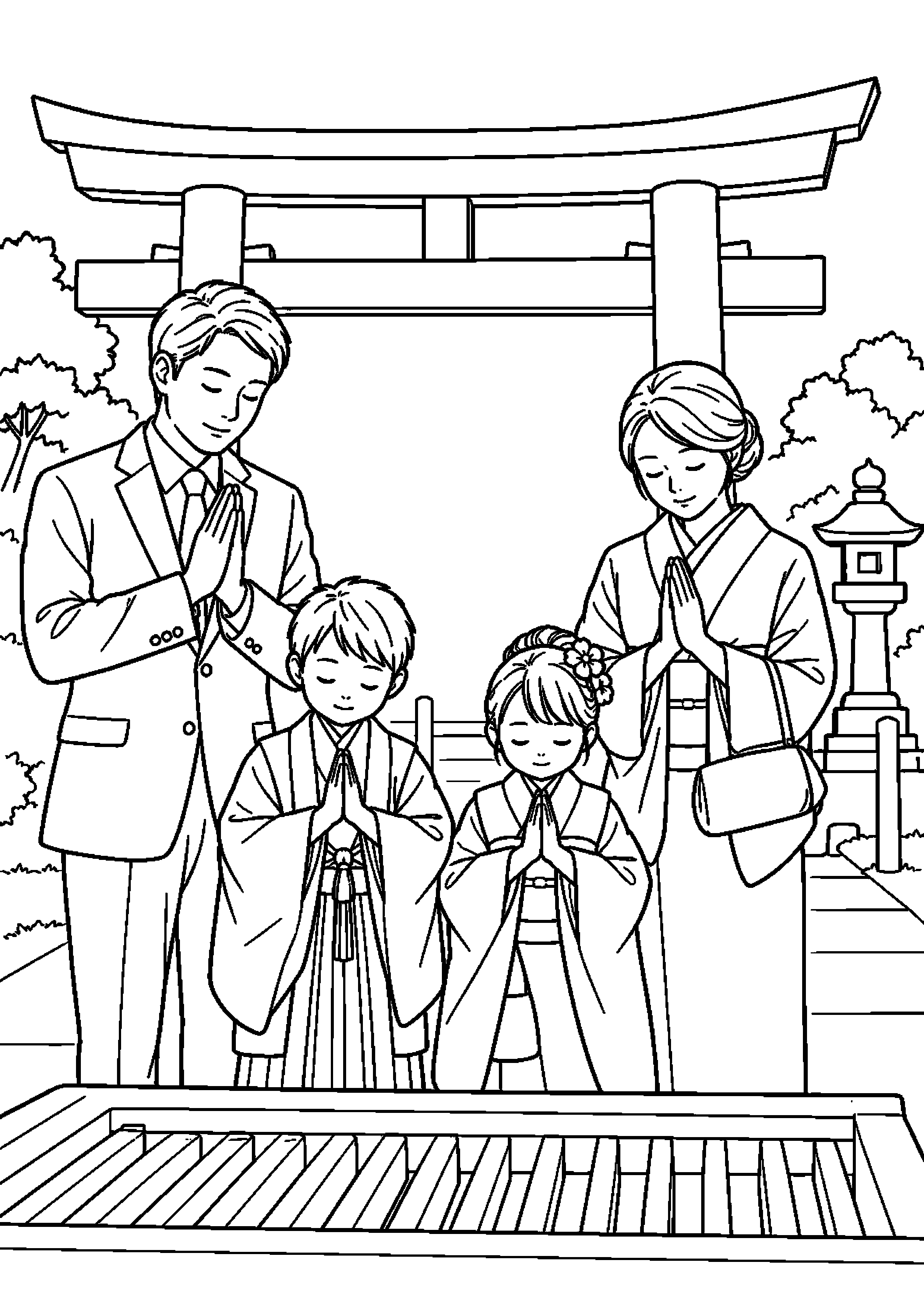 晴れ着の子どもと家族が鳥居前で参拝する高齢者向けの白黒塗り絵