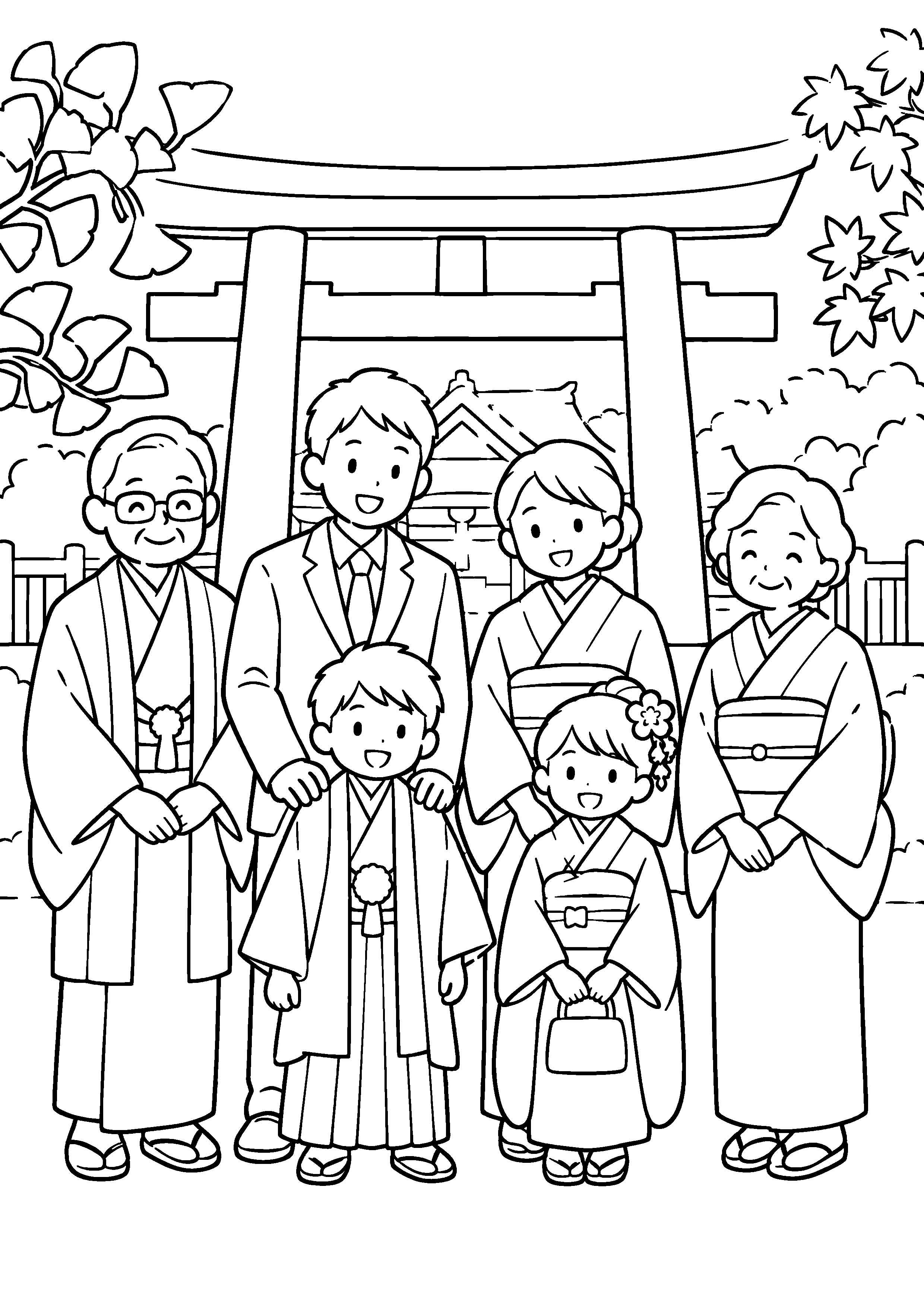 11月の神社で、晴れ着の子どもと両親、祖父母が鳥居の前で並んでいる様子を、太く見やすい黒線で描いた高齢者向け塗り絵