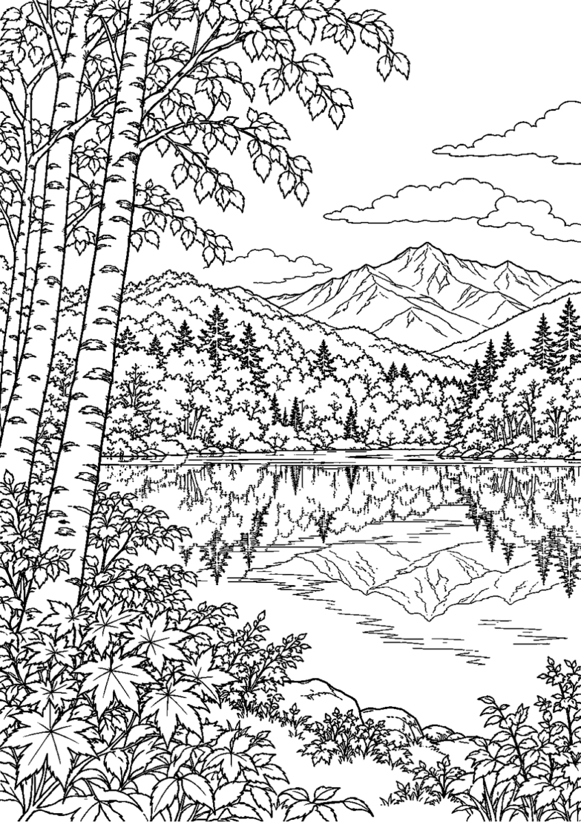 志賀高原の紅葉を10月の場面として描いた高齢者向けの白黒線画塗り絵