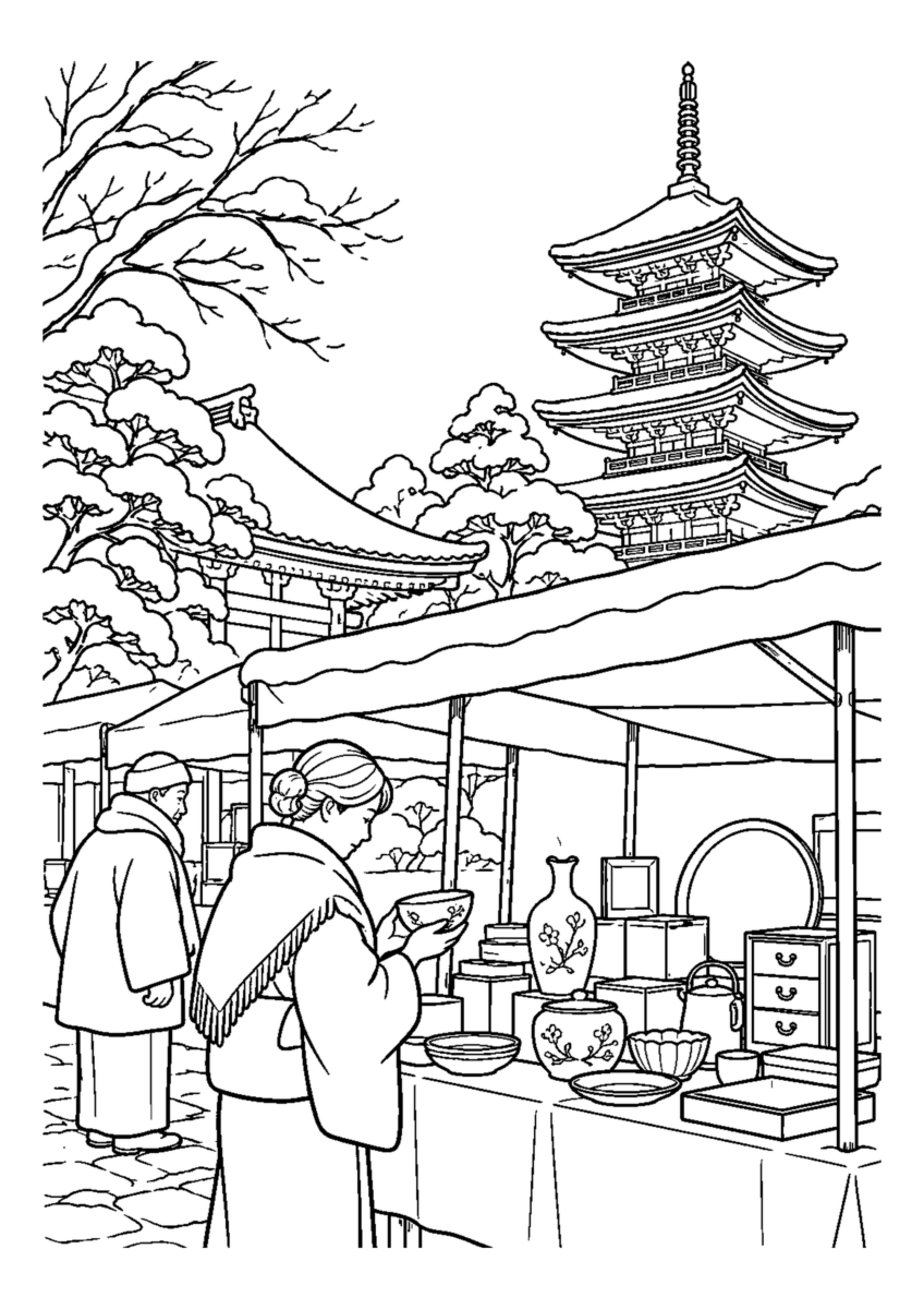寺の境内に古道具の露店と五重塔の一部。白黒の高齢者向け塗り絵