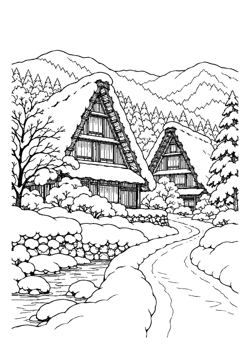 雪をのせた合掌造り2軒と小道。白黒の高齢者向け塗り絵