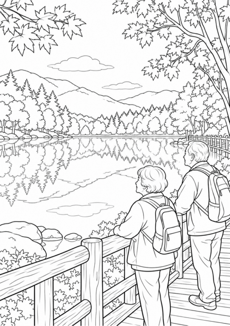 白駒池の秋を10月の場面として描いた高齢者向けの白黒線画塗り絵