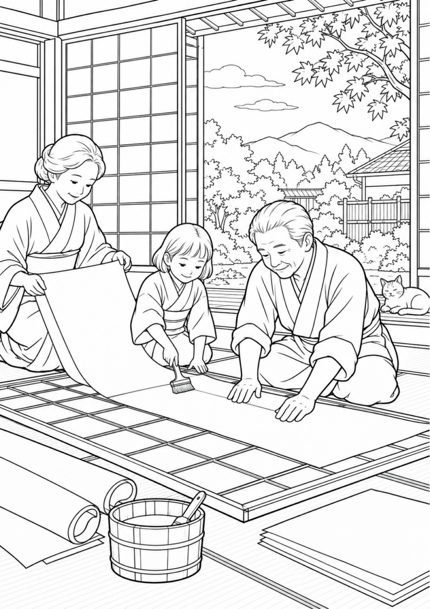 障子の張り替えを10月の場面として描いた高齢者向けの白黒線画塗り絵