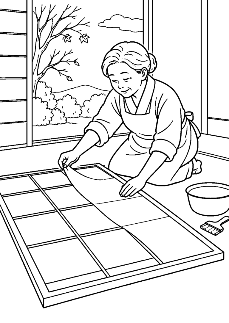 座敷で古い障子紙をはがし新しい紙を張る高齢者向けの白黒塗り絵