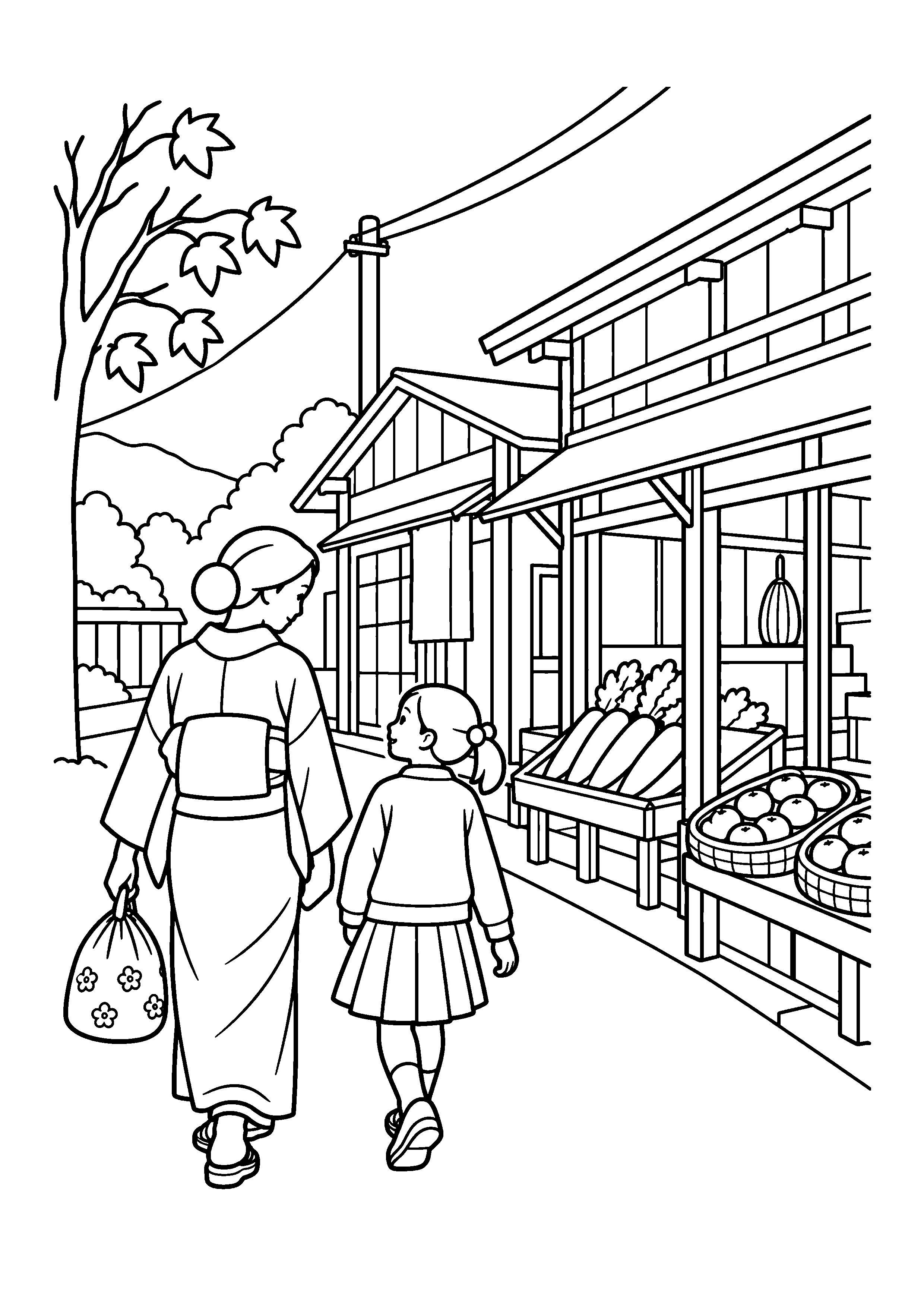 昭和２０年代後半の１１月をイメージした商店街の八百屋と母子の白黒塗り絵