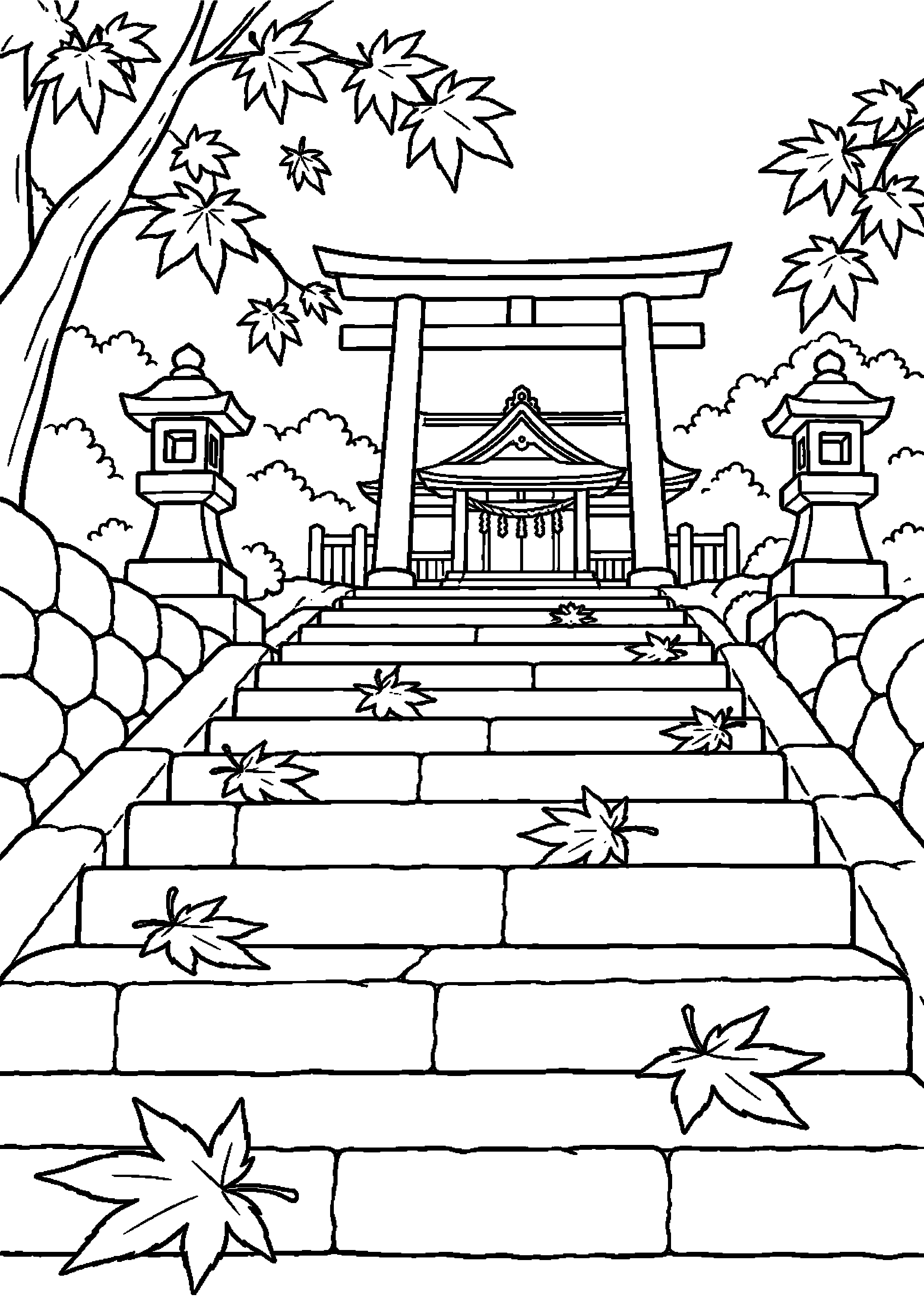 【11月】散り紅葉の神社参道の塗り絵