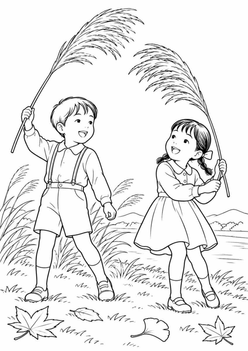 秋の土手で、二人の子どもが長いすすきの穂を一本ずつ持ち、穂を揺らして遊んでいる様子を、太く見やすい黒線で描いた高齢者向け塗り絵