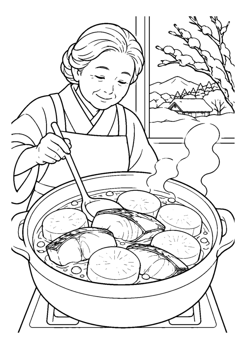 【１２月】鰤大根を煮るの塗り絵