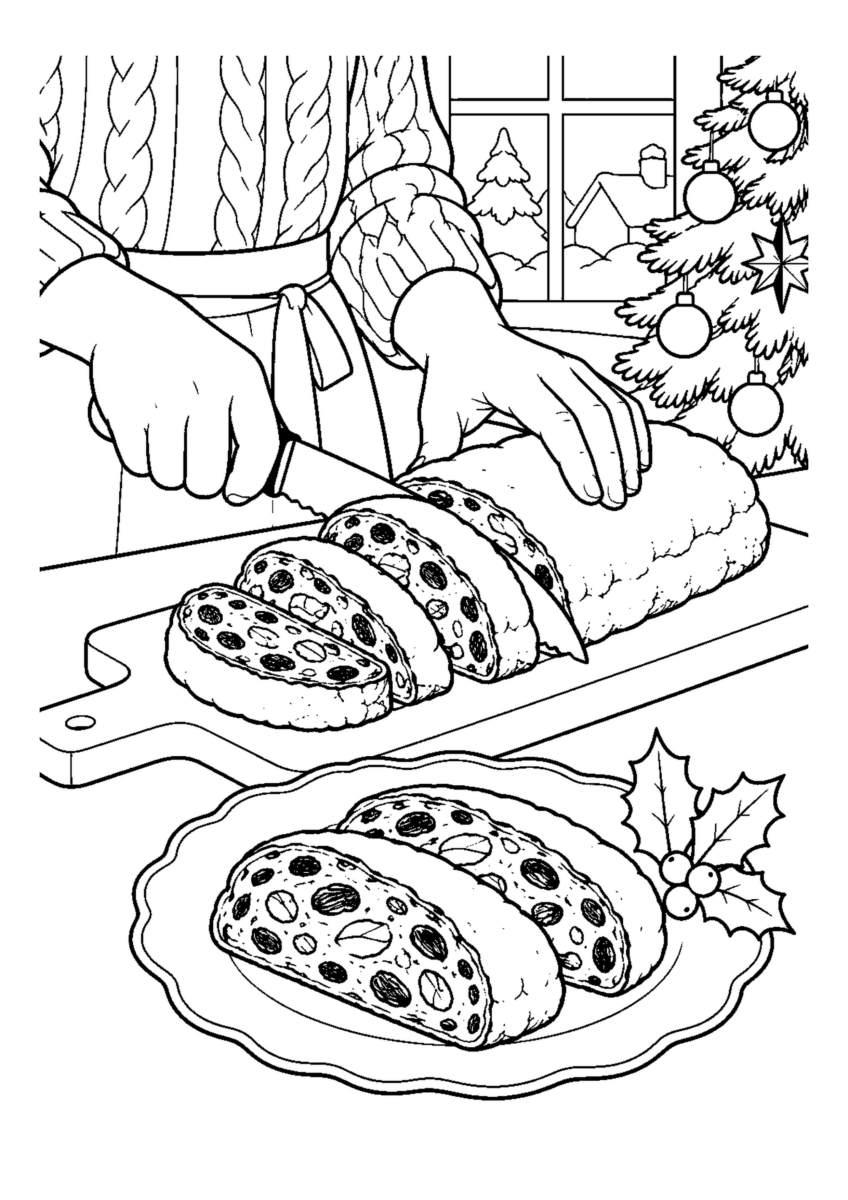 粉砂糖の長い菓子を厚く切る手元と皿。白黒の高齢者向け塗り絵