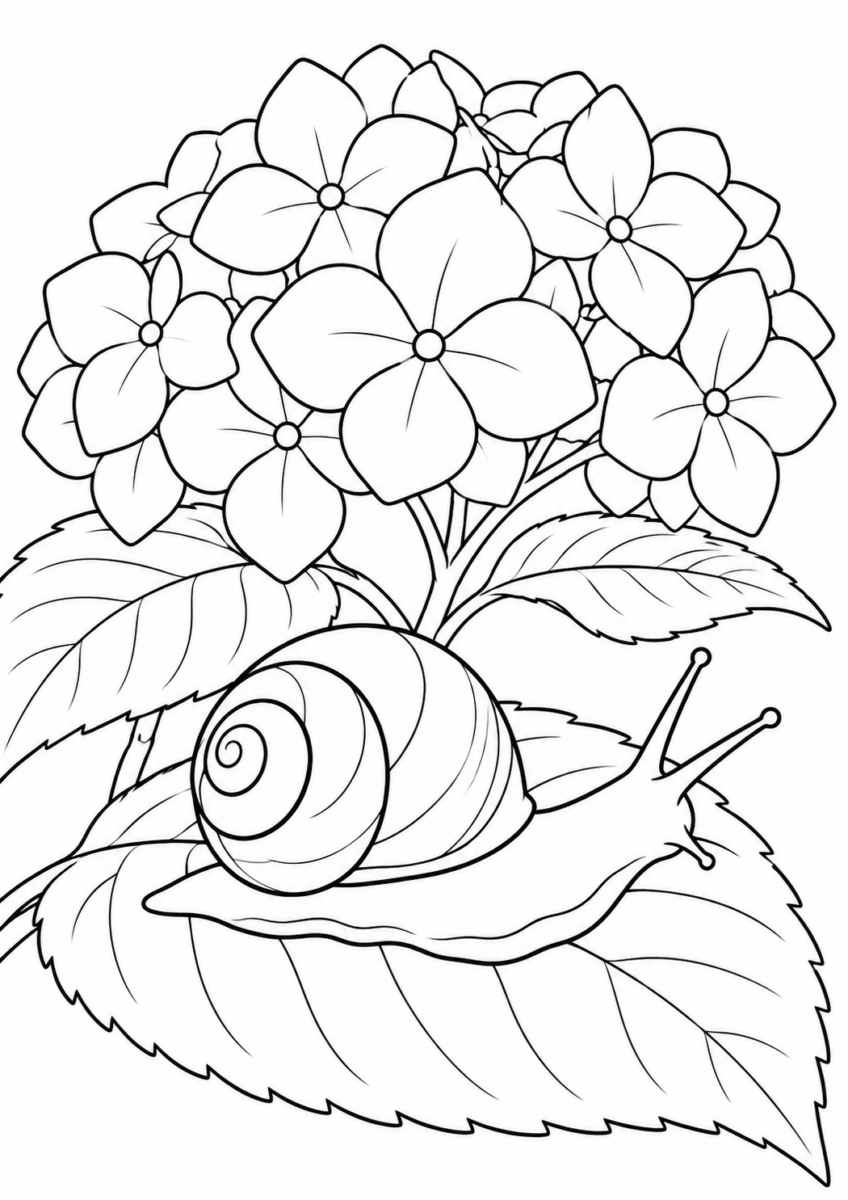 紫陽花のかたつむりを描いた高齢者向けの白黒線画塗り絵
