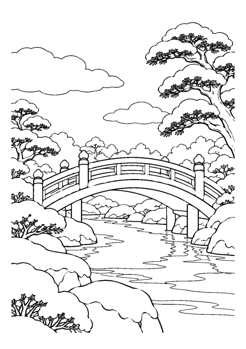 雪景色に赤い太鼓橋1本、青空と松。白黒の高齢者向け塗り絵