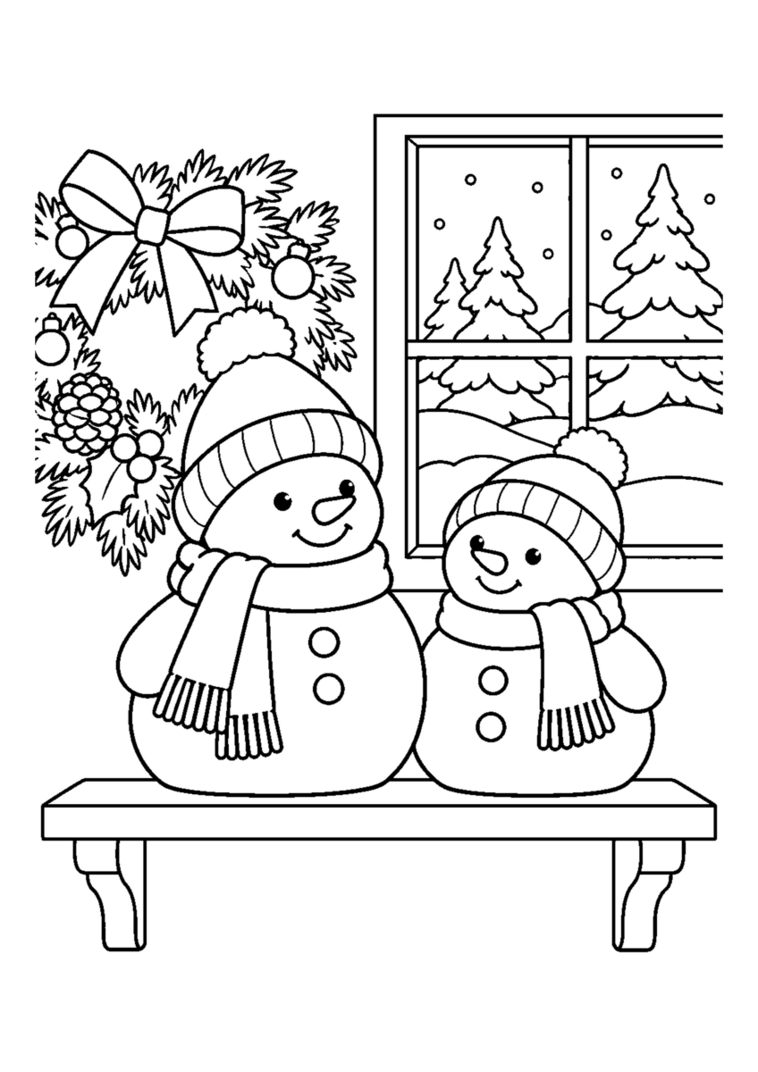 帽子とマフラーの雪だるま置物2体を棚に並べる。白黒の高齢者向け塗り絵