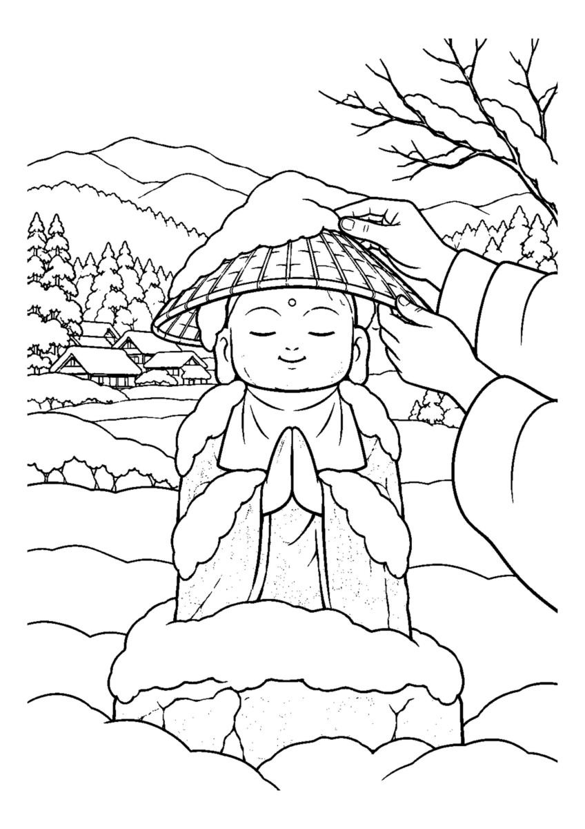 雪をかぶった地蔵1体に菅笠を直す手元。白黒の高齢者向け塗り絵