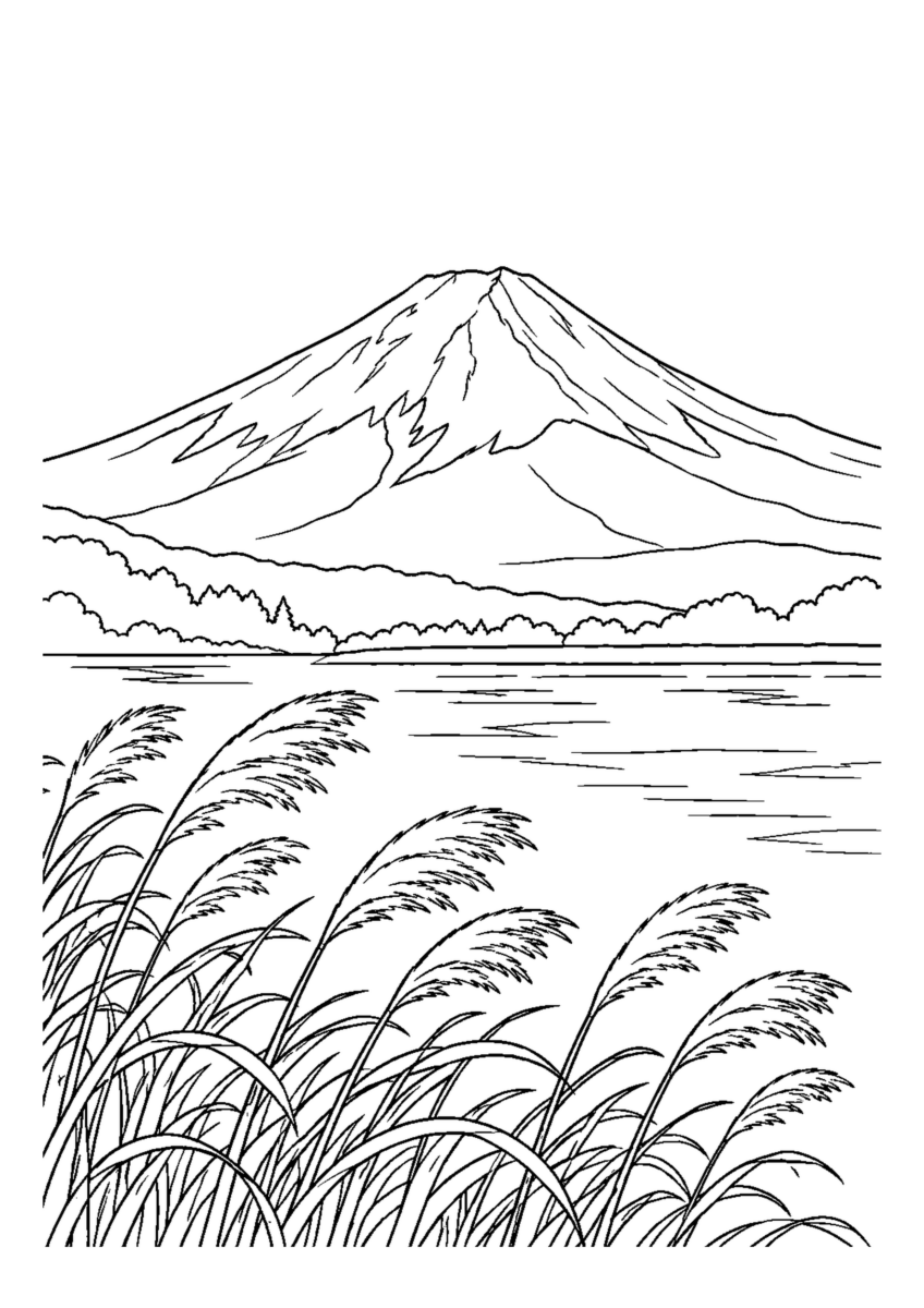 白い頂の富士山と手前の枯れすすき、人物なし。白黒の高齢者向け塗り絵