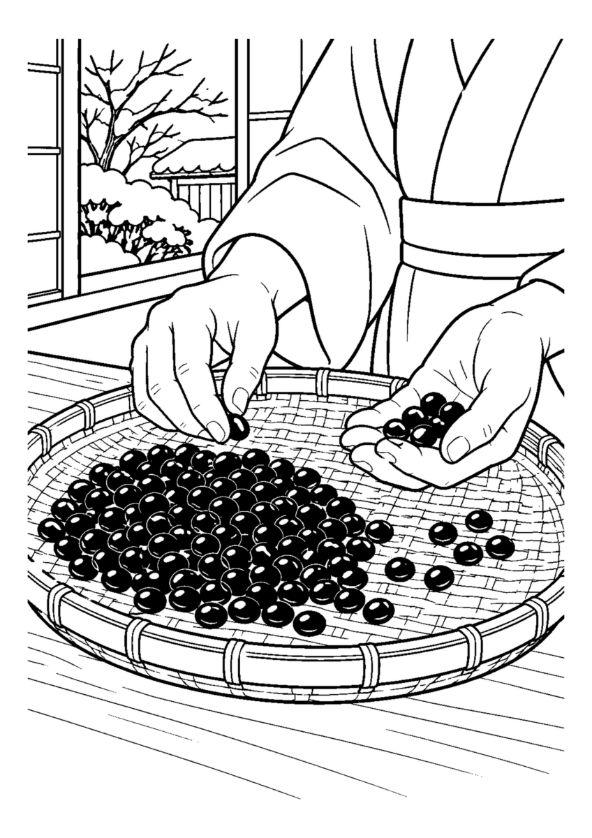 【１２月】黒豆を選別するの塗り絵