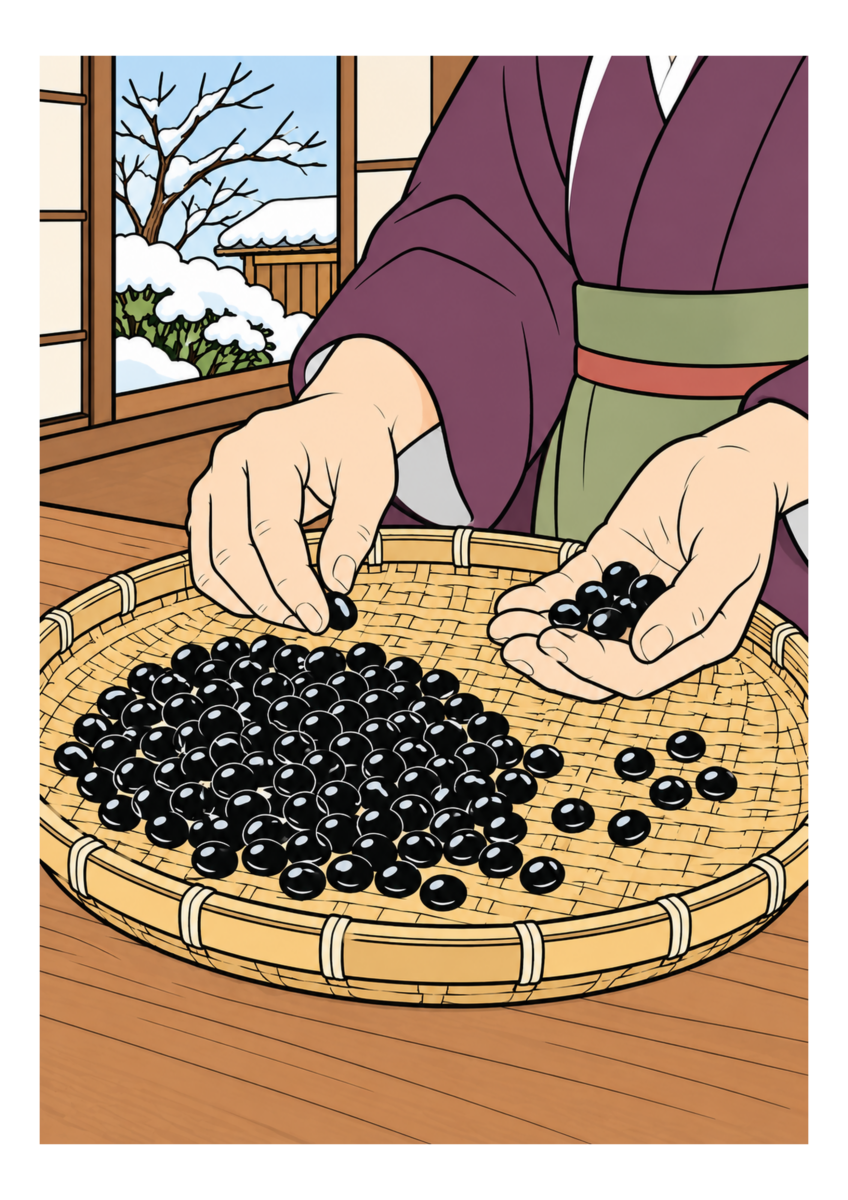 同じ「黒豆を選別する」の図案を自然な冬の色で塗った着色見本