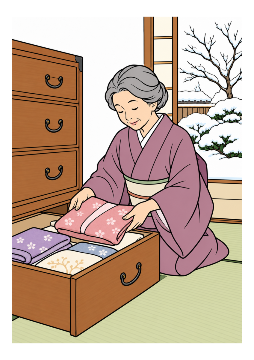 同じ「衣類を整理する箪笥」の図案を自然な冬の色で塗った着色見本