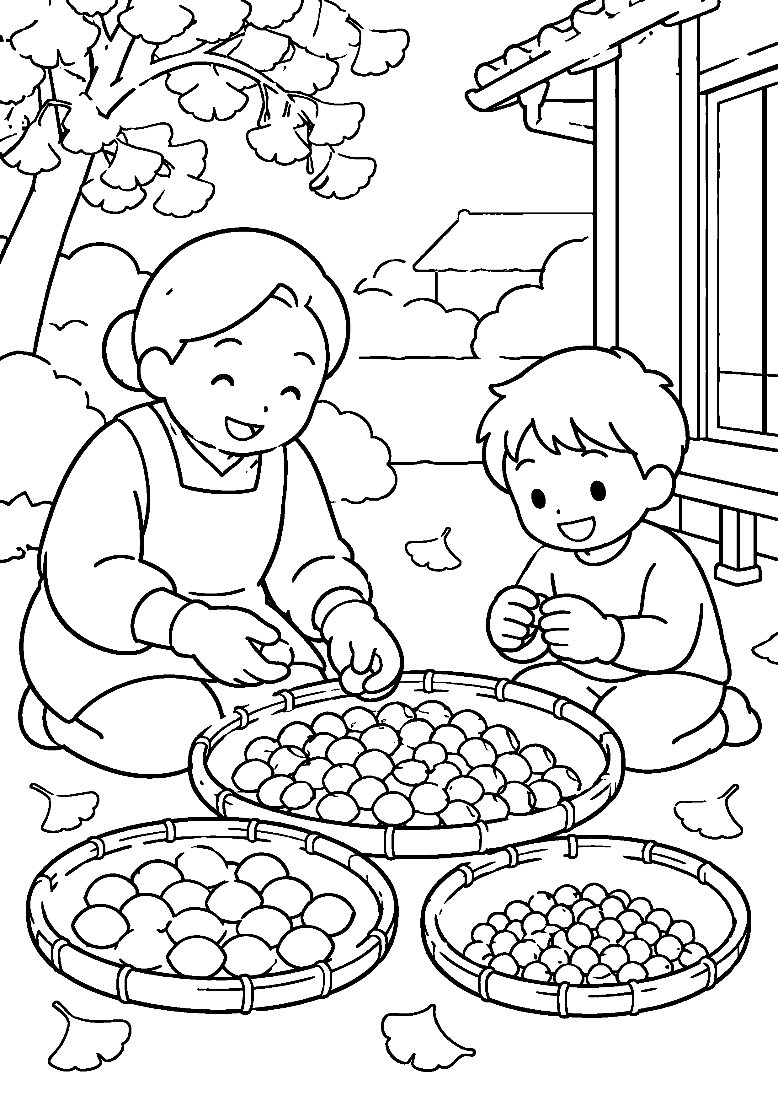 昭和の庭先で、祖母と子どもが手袋をつけ、洗ったぎんなんを大きさ別の竹ざるに分けている様子を、太く見やすい黒線で描いた高齢者向け塗り絵