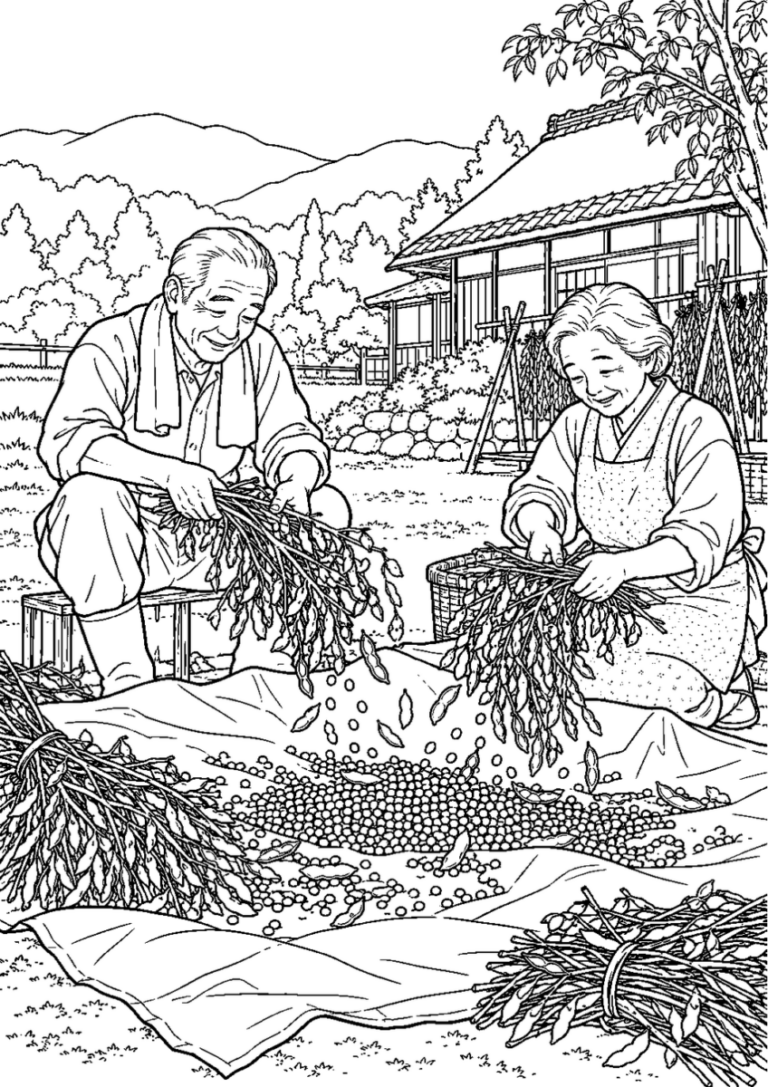 大豆の脱穀を10月の場面として描いた高齢者向けの白黒線画塗り絵