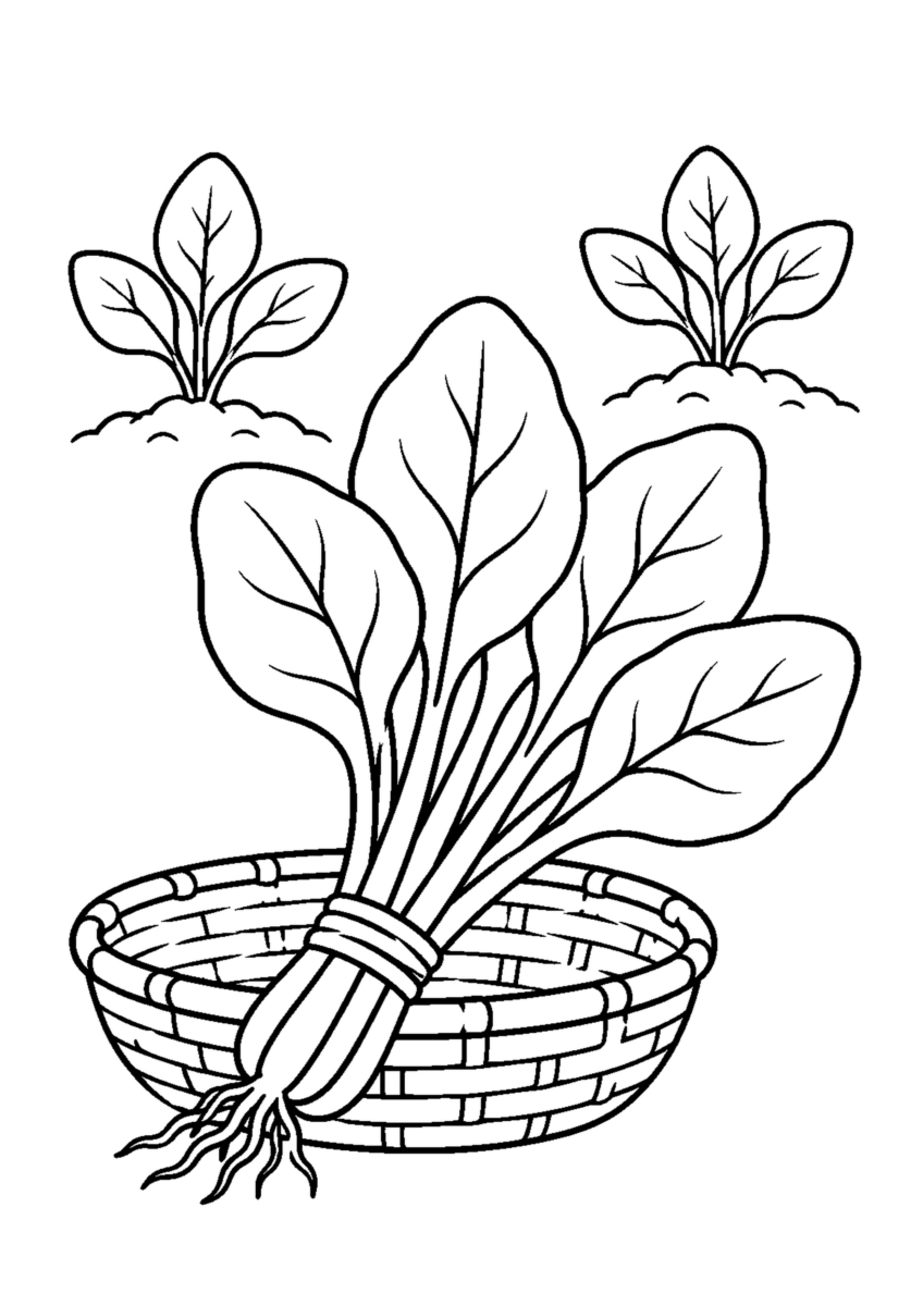 根付きのほうれん草の束を浅いかごから斜めに出し、奥に三枚葉の株二つを描いた白黒塗り絵