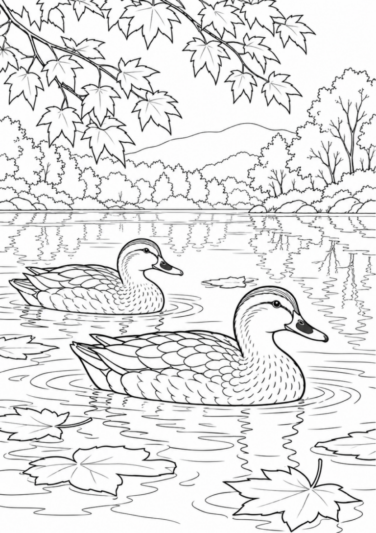 秋の池を泳ぐカルガモを10月の場面として描いた高齢者向けの白黒線画塗り絵