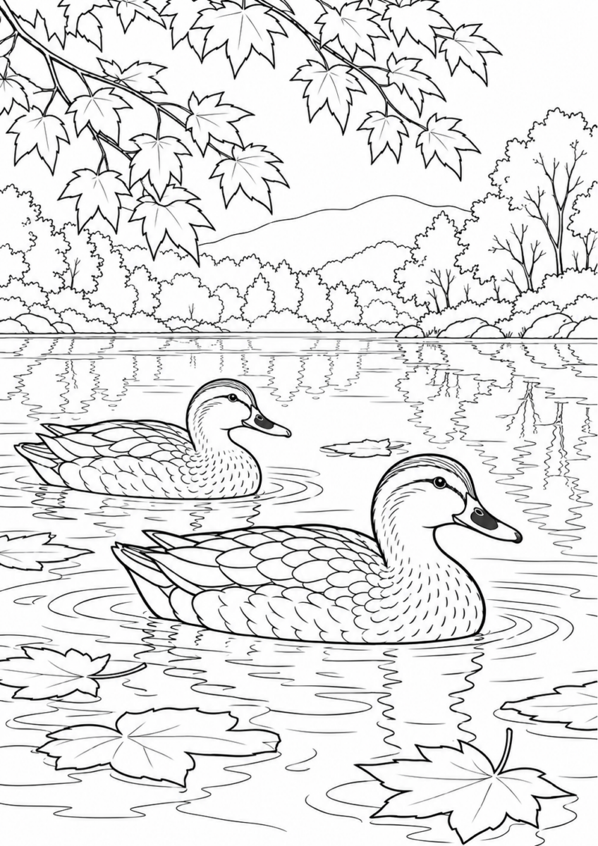 【10月】秋の池を泳ぐカルガモの塗り絵