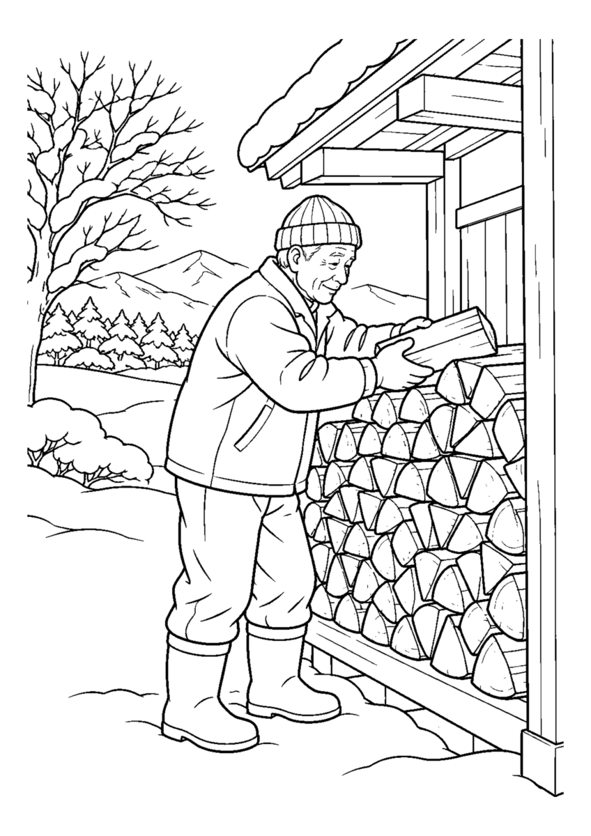 【１２月】薪を軒下へ積むの塗り絵