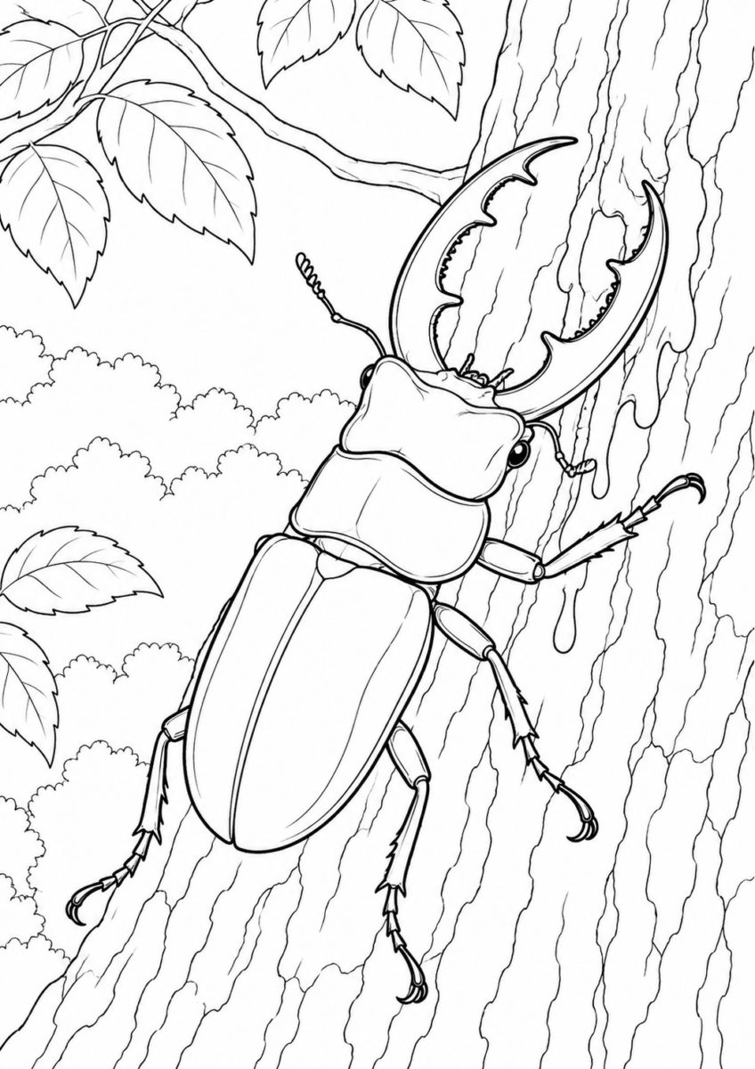 樹液を吸うクワガタを描いた高齢者向けの白黒線画塗り絵
