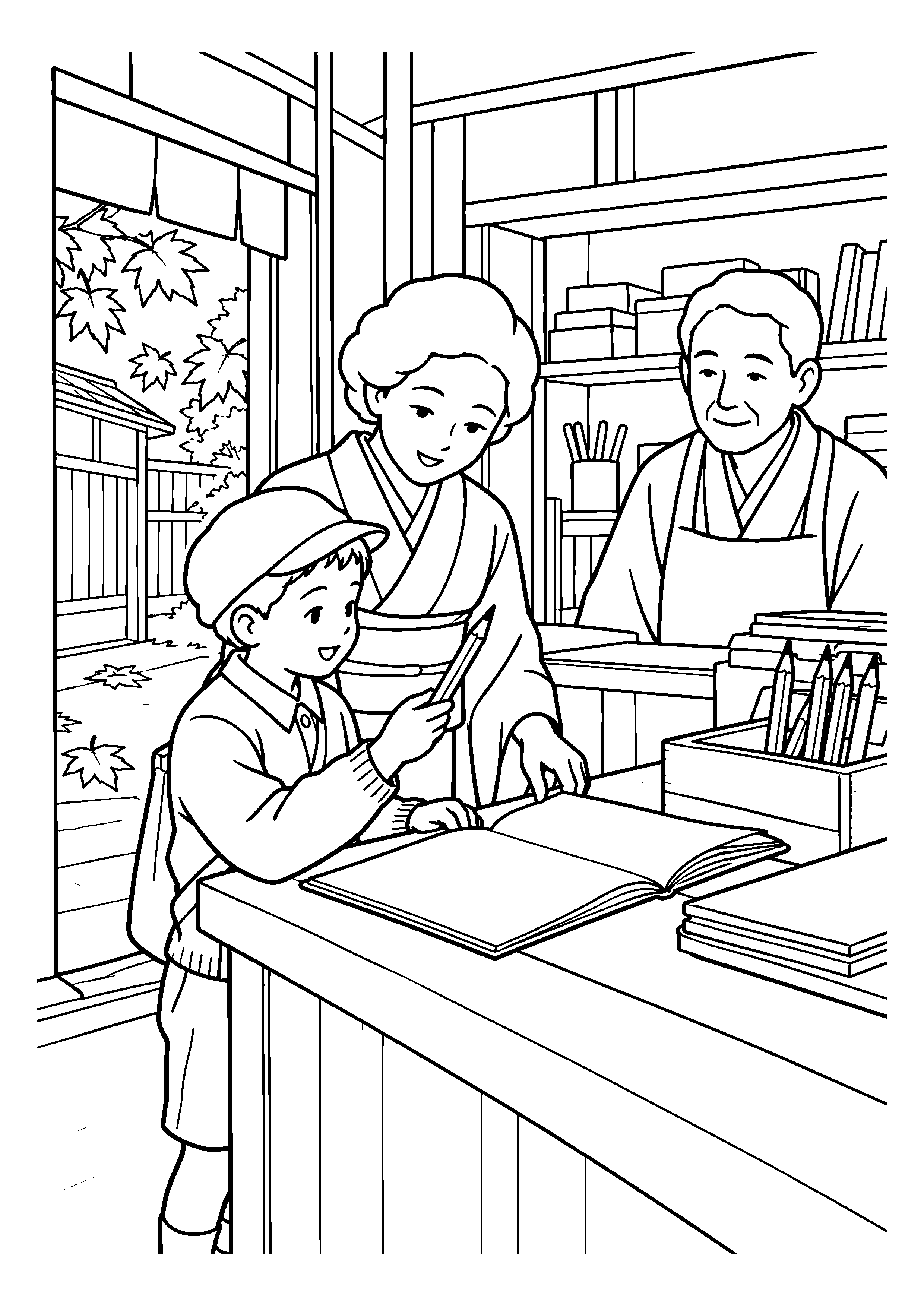 昭和２０年代後半の１１月をイメージした文房具屋で選ぶ鉛筆の白黒塗り絵