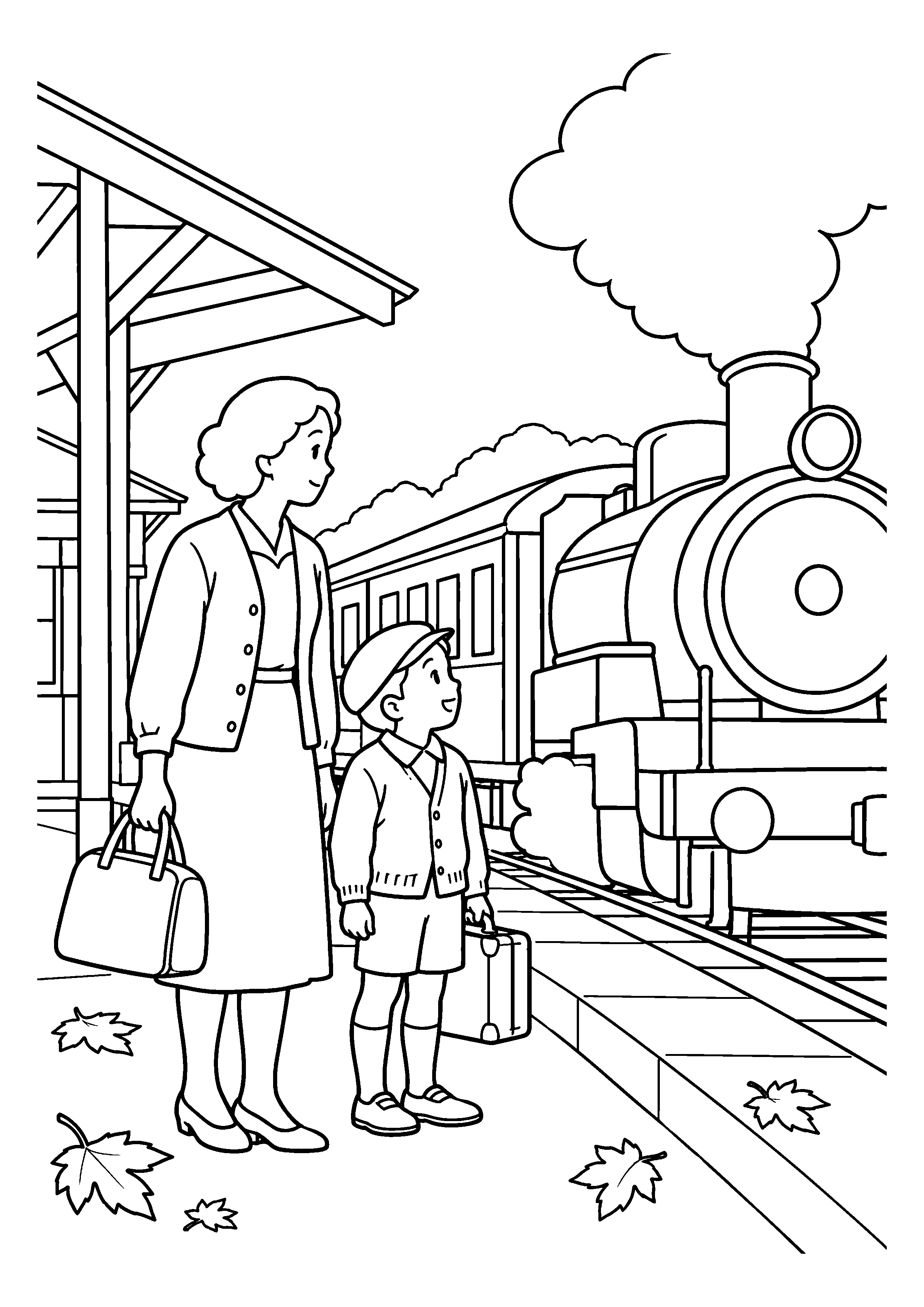 【１１月】汽車のホームでの小旅行の塗り絵