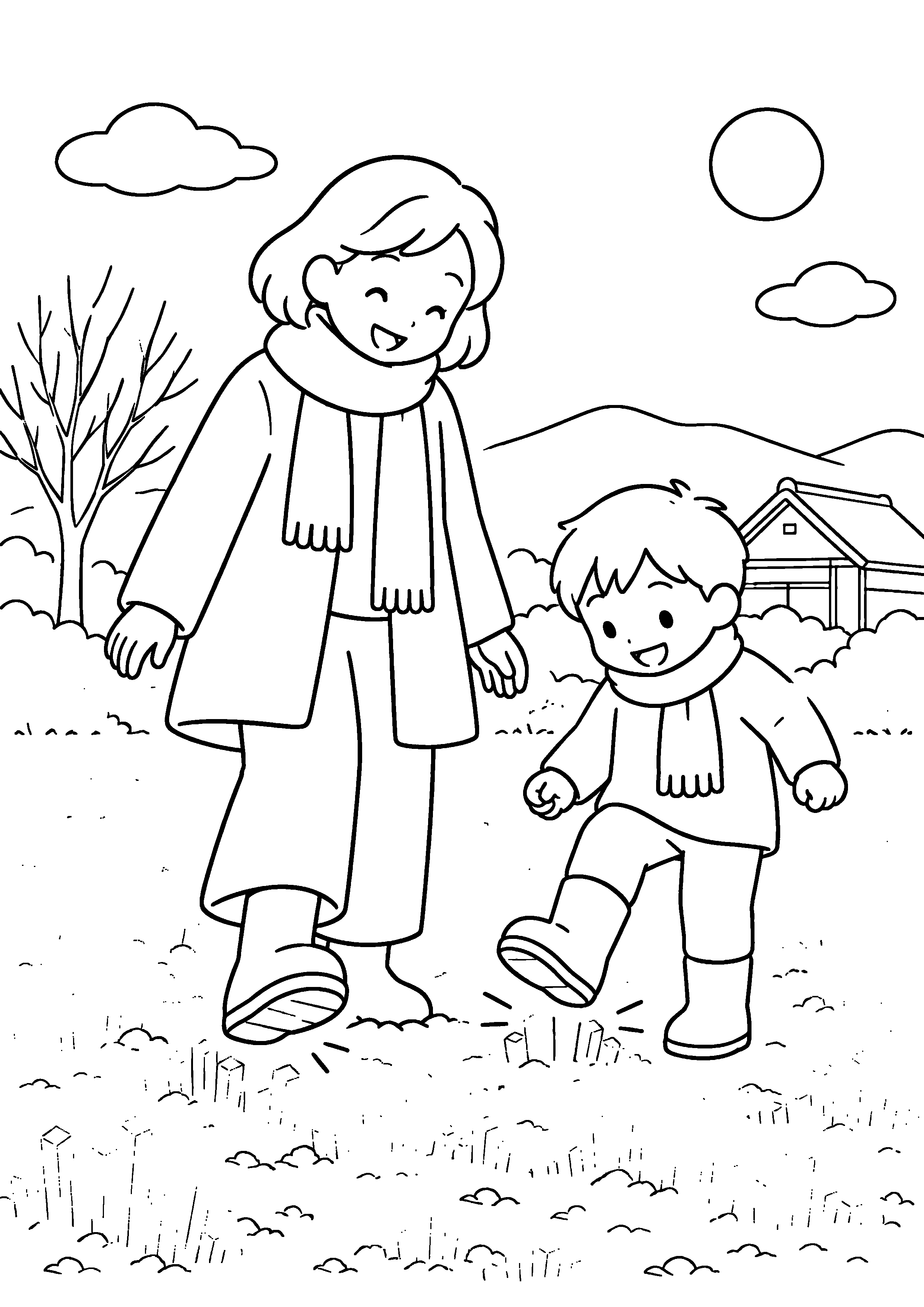11月下旬の朝、親子が白い霜柱の立った土を靴でそっと踏み、感触を楽しんでいる様子を、太く見やすい黒線で描いた高齢者向け塗り絵