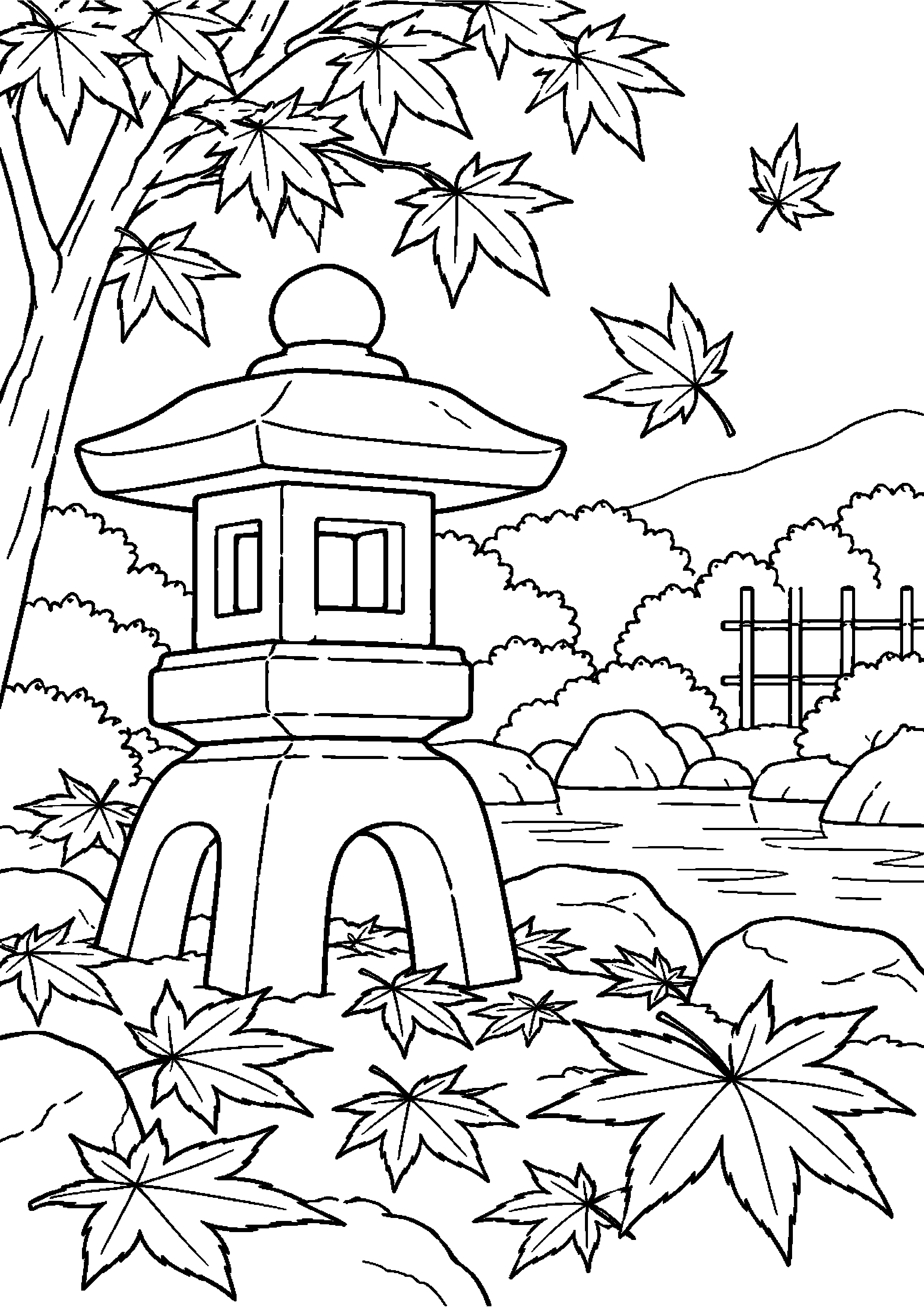 【11月】石灯籠と散り紅葉の塗り絵