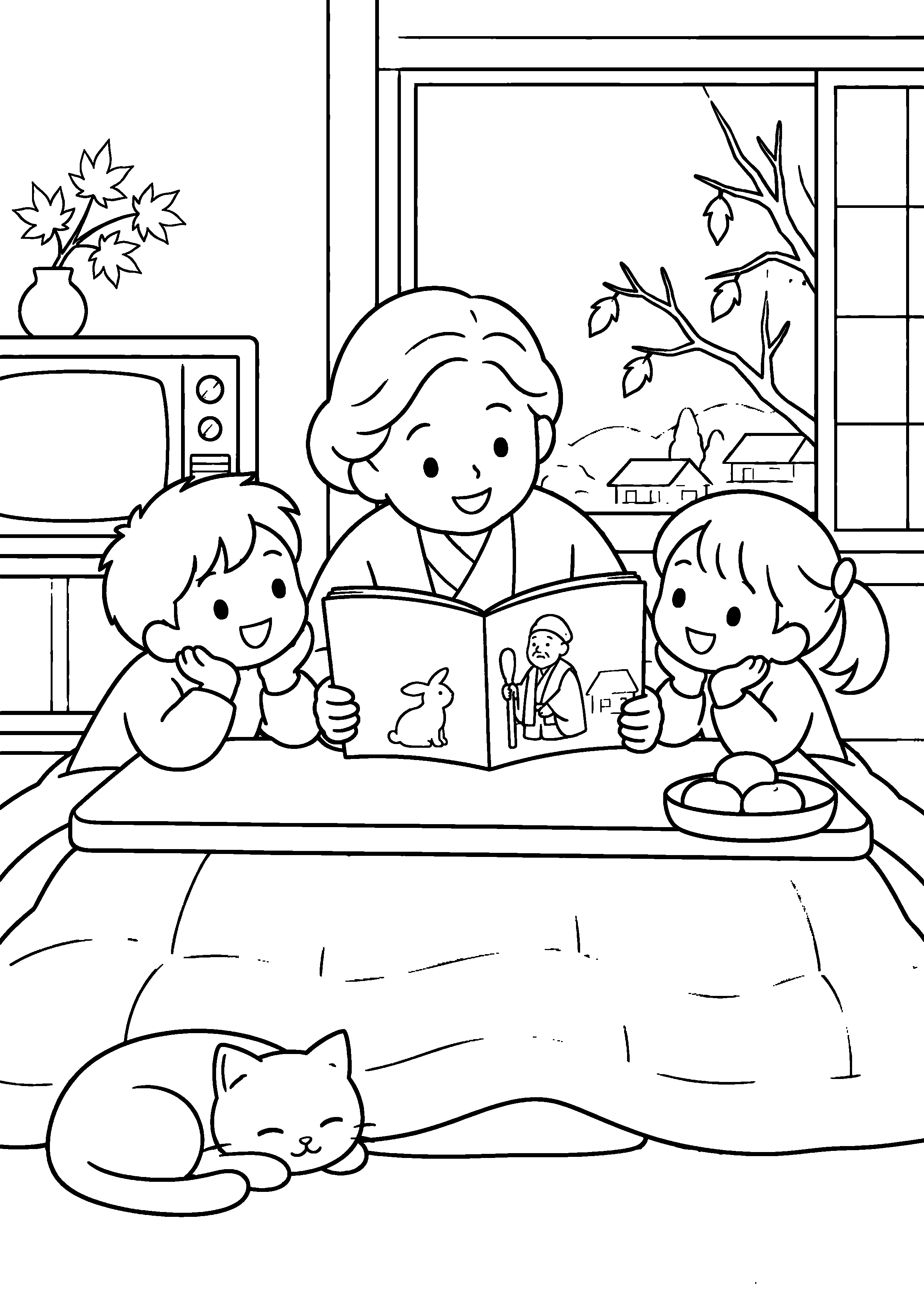 晩秋の夜の昭和の居間で、祖母がこたつに入った孫二人へ昔話の絵本を読んでいる様子を、太く見やすい黒線で描いた高齢者向け塗り絵