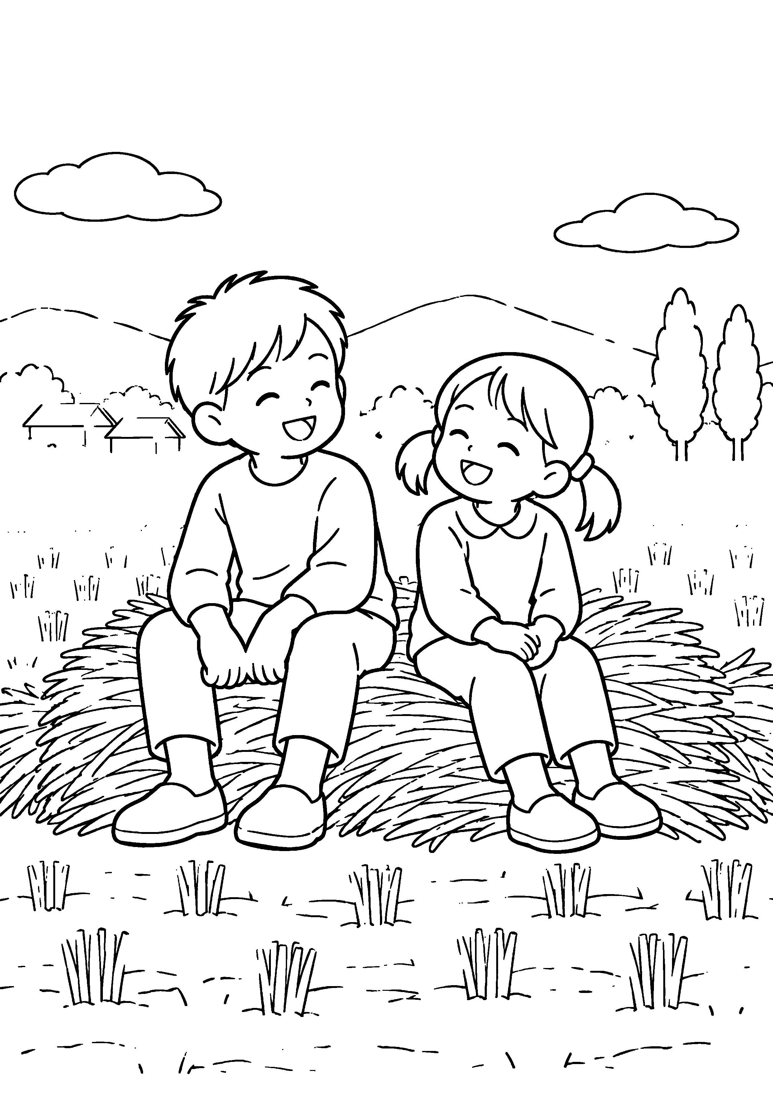 稲刈り後の田んぼの端で、兄妹が低く積んだ柔らかな稲わらに腰を下ろして笑っている様子を、太く見やすい黒線で描いた高齢者向け塗り絵