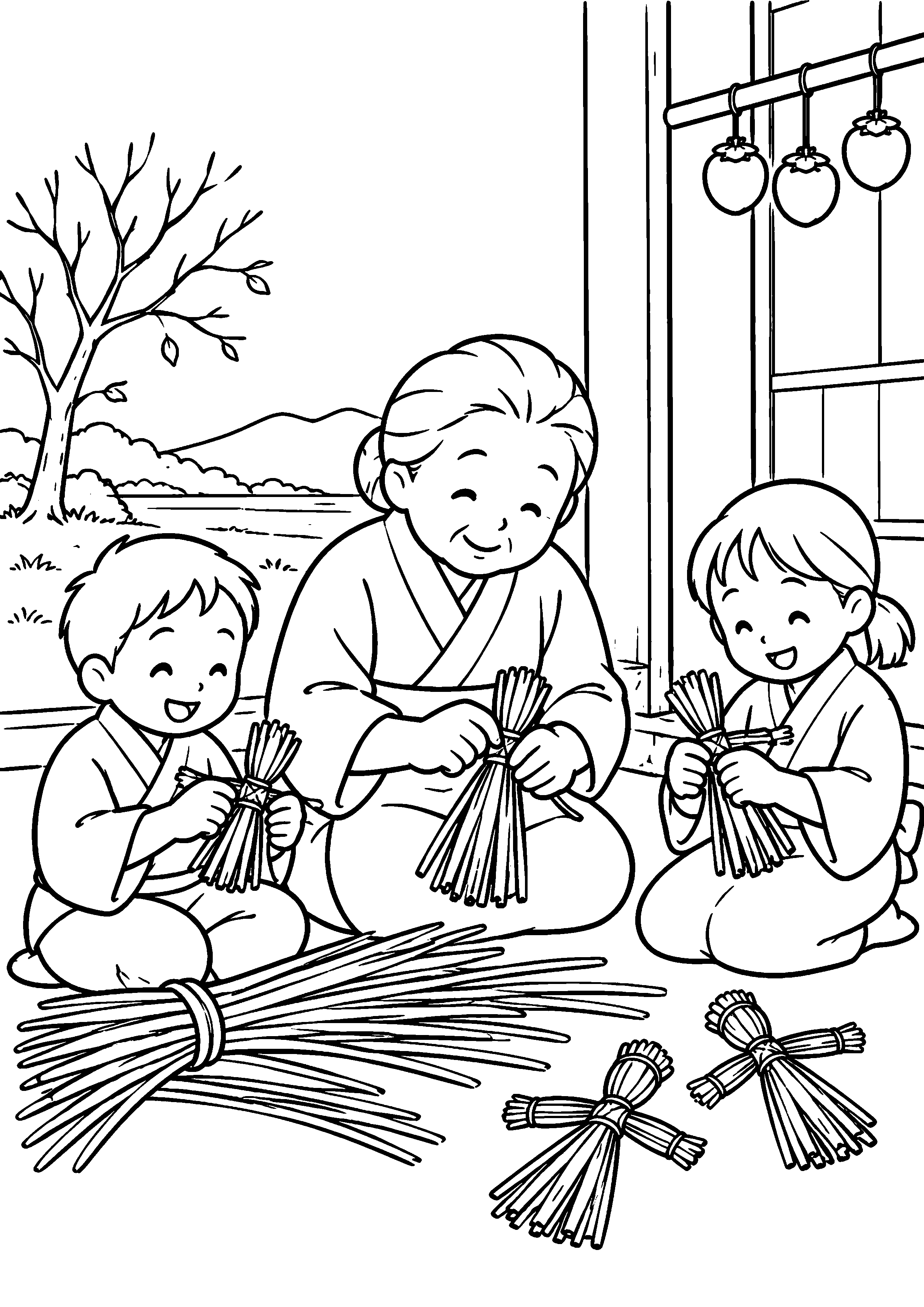 昭和の土間で、祖母と二人の子どもが稲わらを束ねて小さな人形を作っている様子を、太く見やすい黒線で描いた高齢者向け塗り絵
