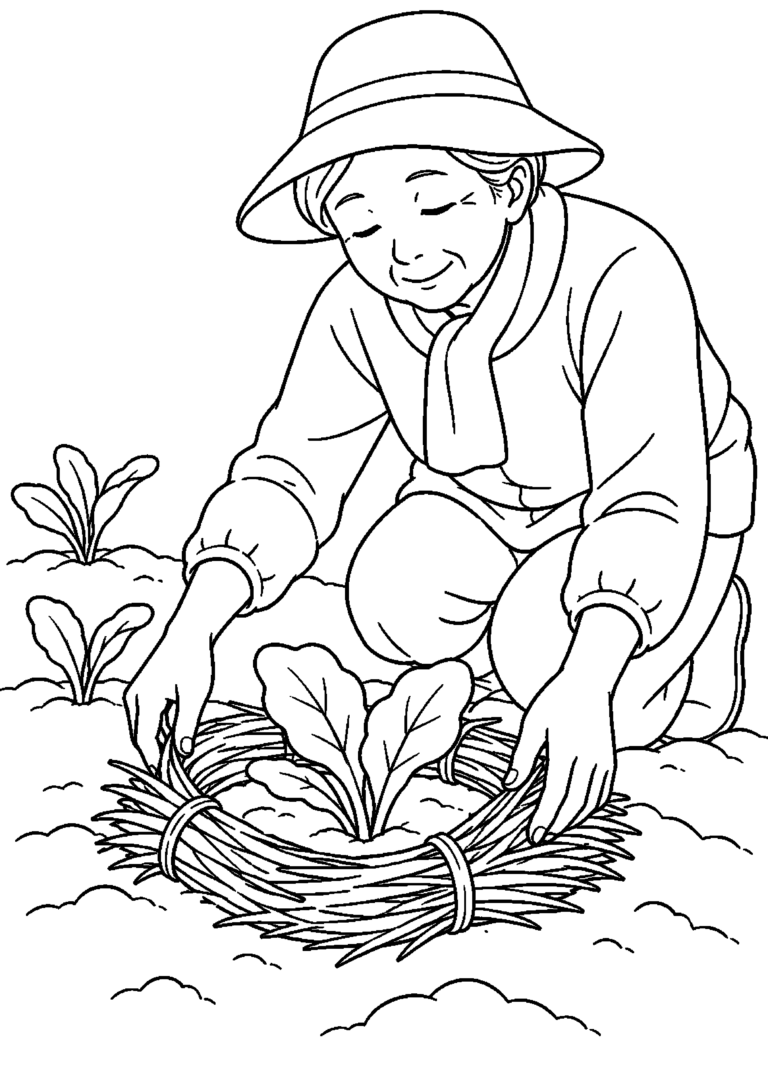 畑の若い苗をわらで円く囲う高齢者向けの白黒塗り絵
