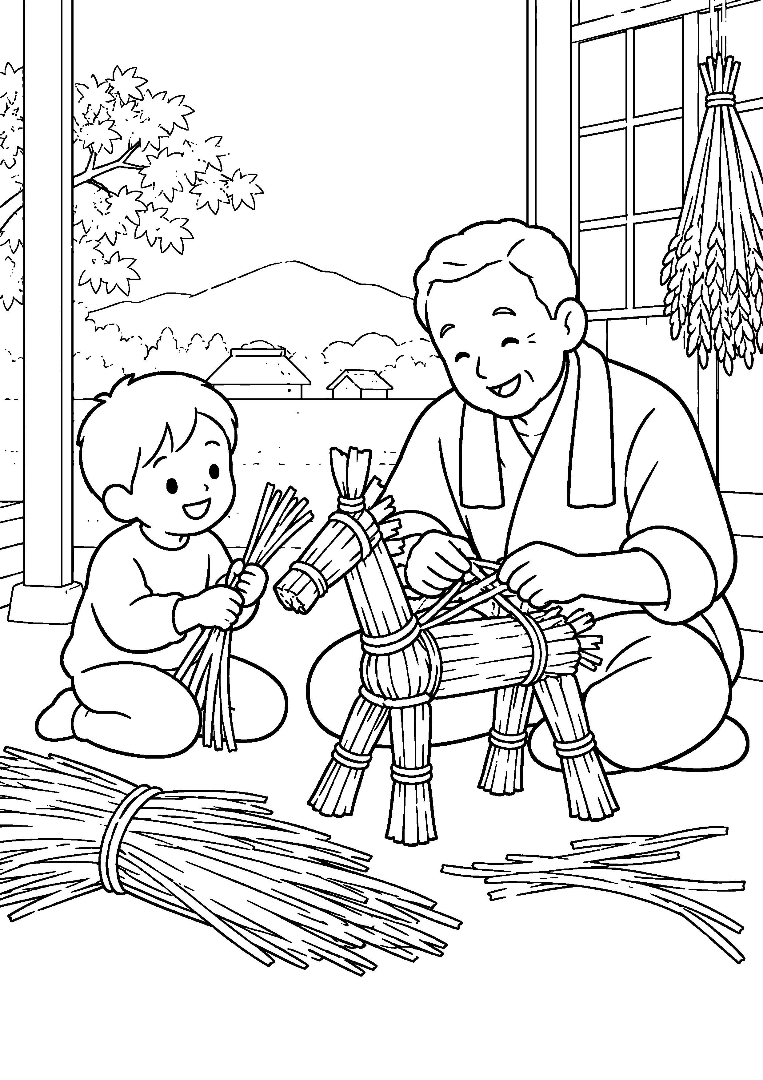 昭和の土間で、祖父と孫が稲わらを束ね、四本足の小さな馬を作っている様子を、太く見やすい黒線で描いた高齢者向け塗り絵