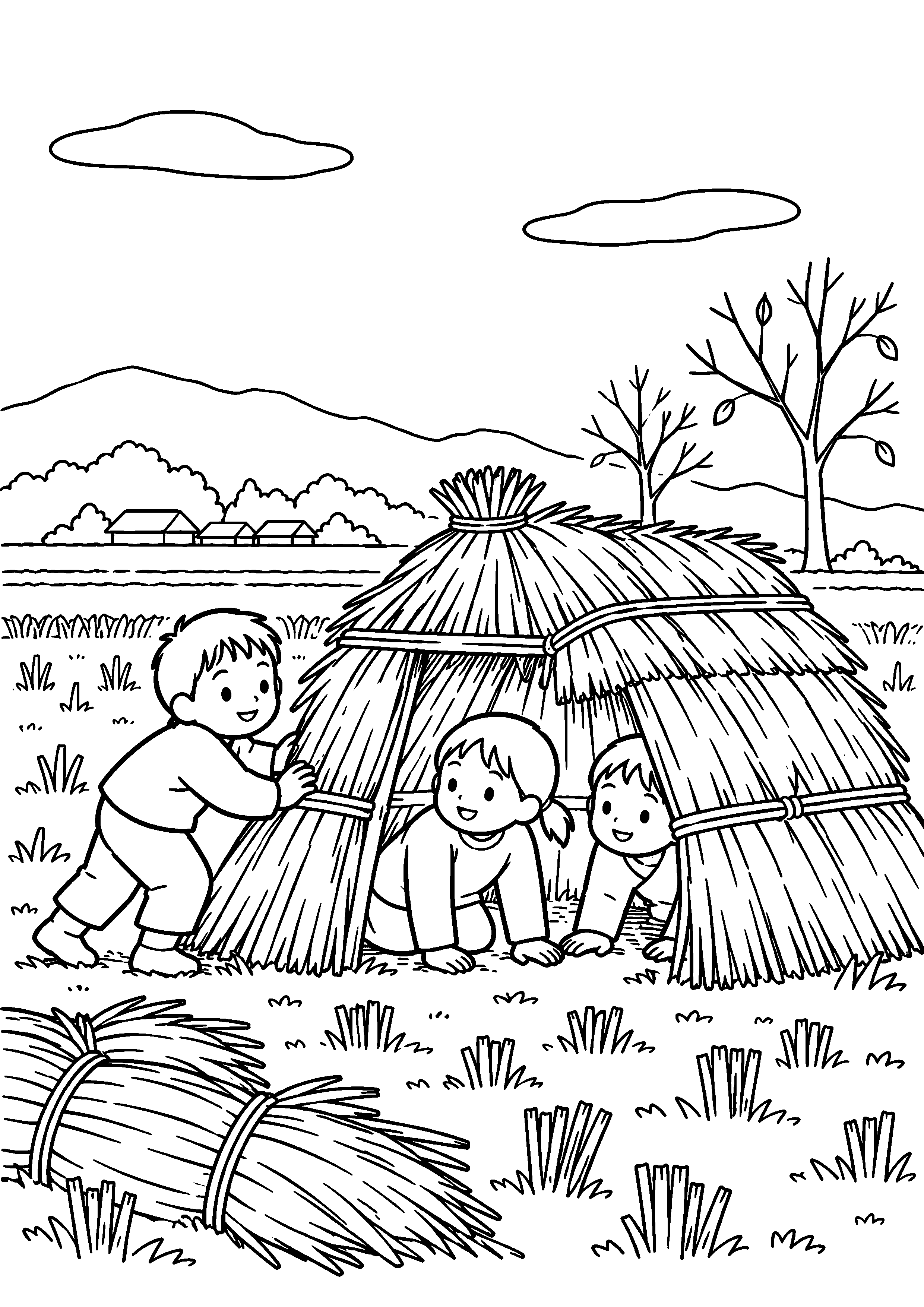 稲刈り後の田んぼの端で、三人の子どもが稲わらを低く積んだ小さな小屋に出入りしている様子を、太く見やすい黒線で描いた高齢者向け塗り絵