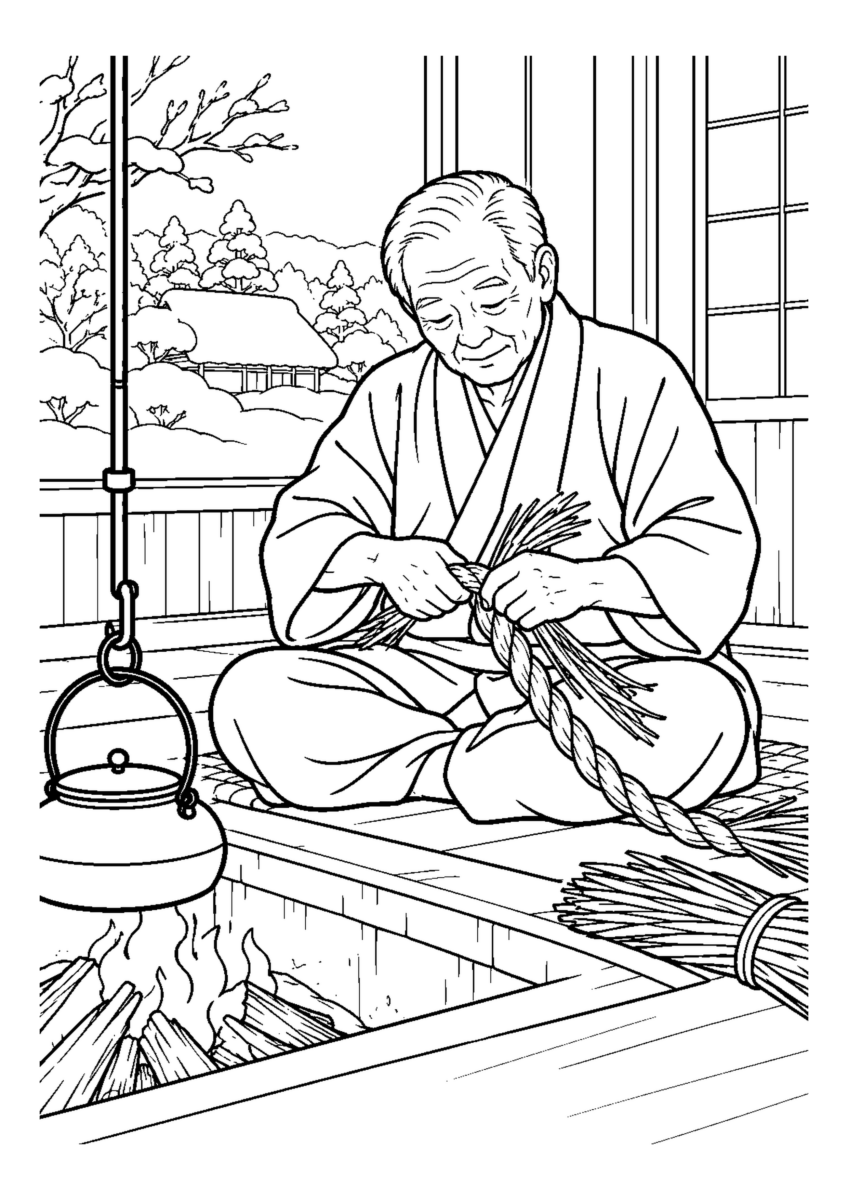 【１２月】囲炉裏端で縄ないの塗り絵