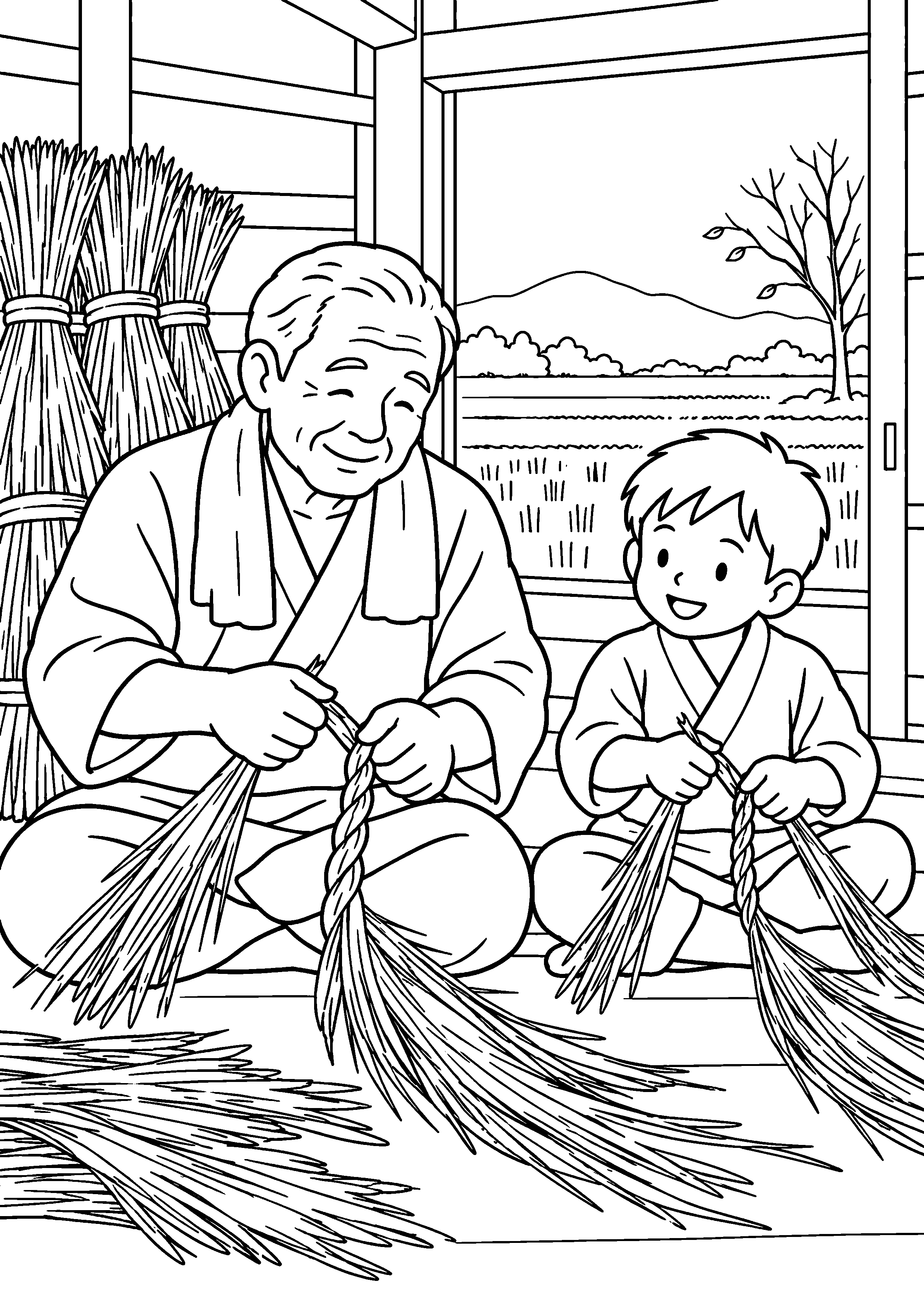 稲刈り後の納屋で、祖父が二本の稲わらをより、子どもが横でまねをしている様子を、太く見やすい黒線で描いた高齢者向け塗り絵