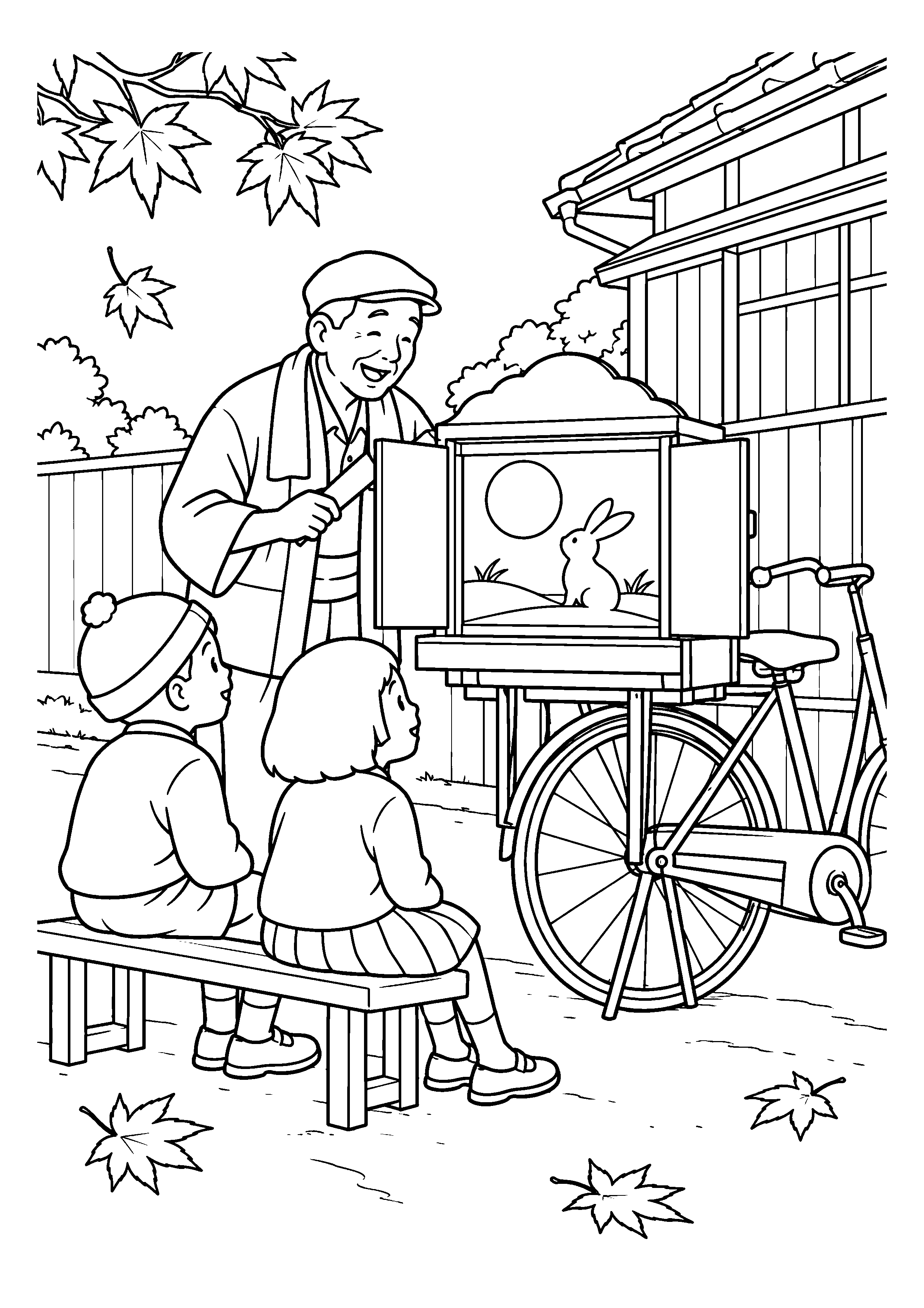 昭和２０年代後半の１１月をイメージした路地に来た紙芝居の白黒塗り絵