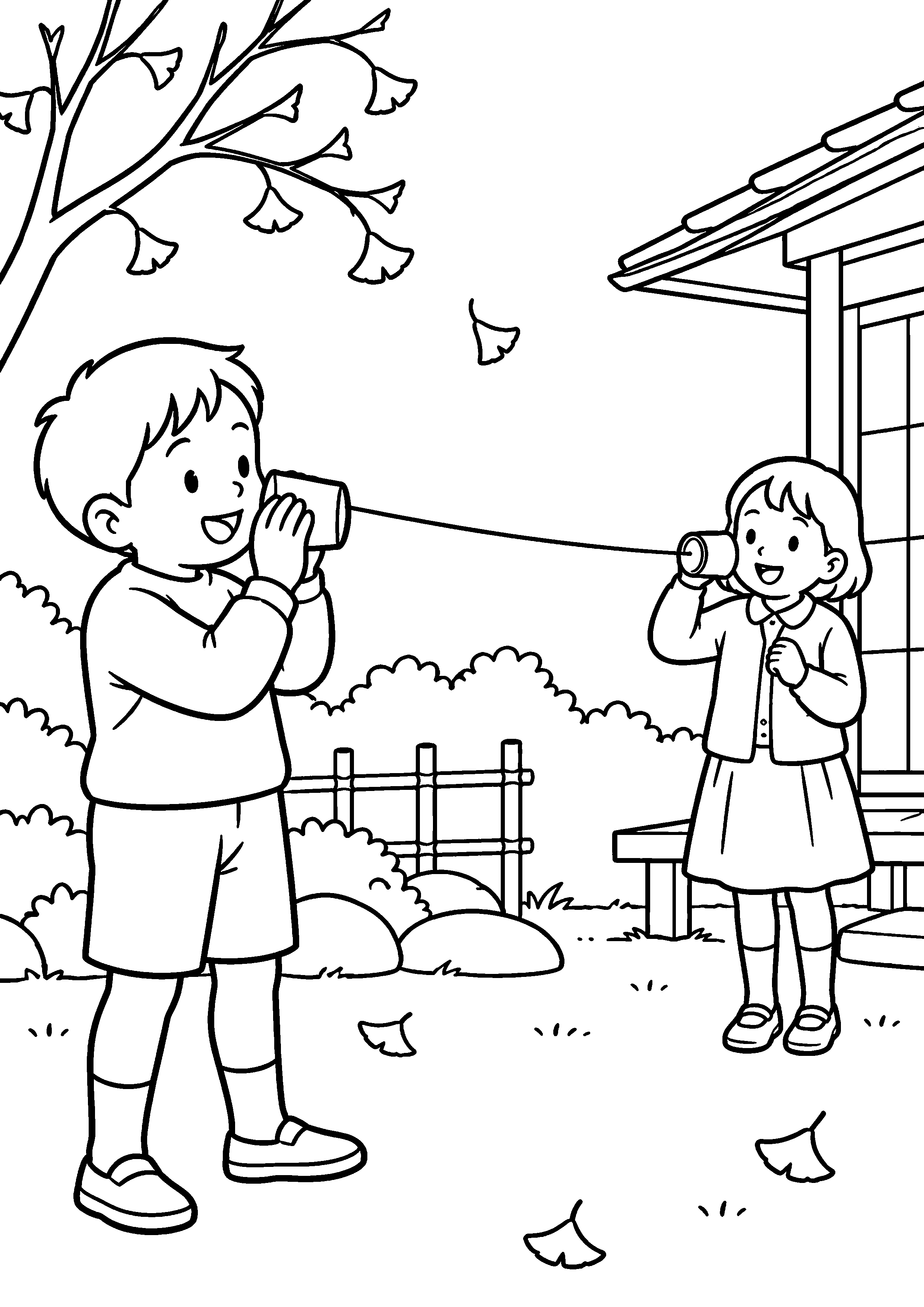 秋の庭先で、二人の子どもが紙コップと長い糸で作った糸電話を使って話している様子を、太く見やすい黒線で描いた高齢者向け塗り絵