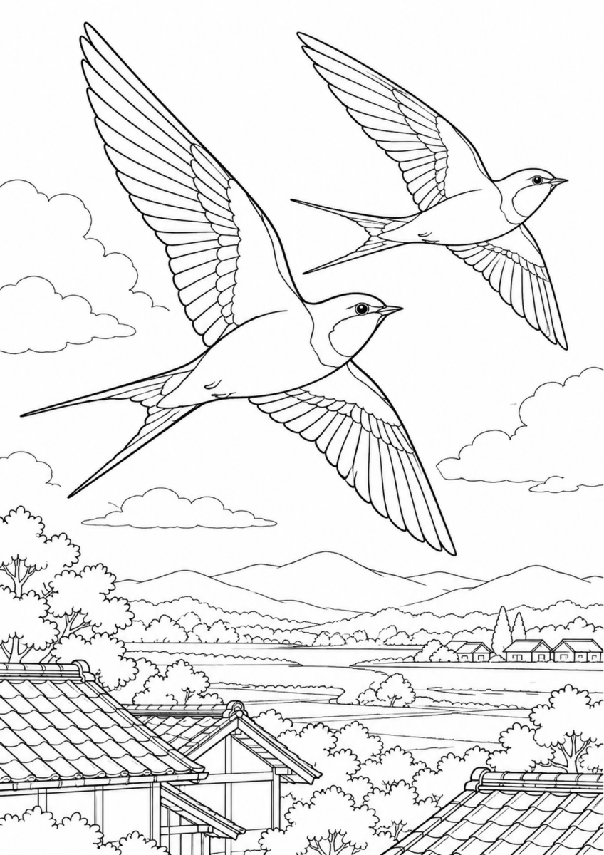 空を飛ぶツバメを描いた高齢者向けの白黒線画塗り絵