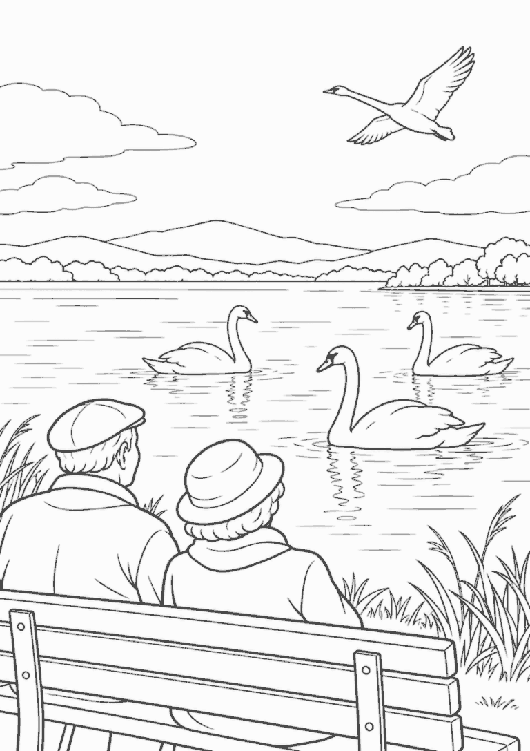 二人の高齢者が11月の湖に飛来した白鳥を眺める白黒線画の塗り絵