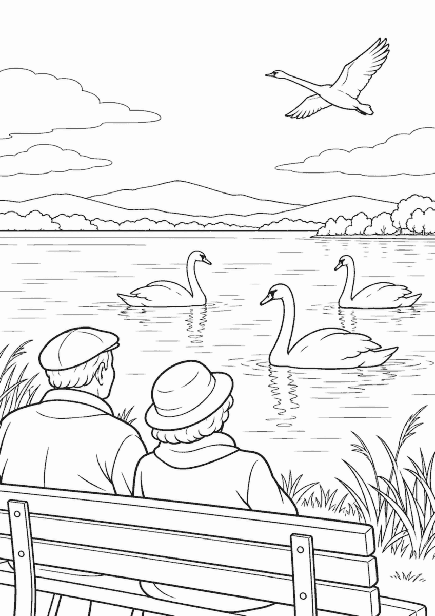 【11月】湖に飛来した白鳥の塗り絵