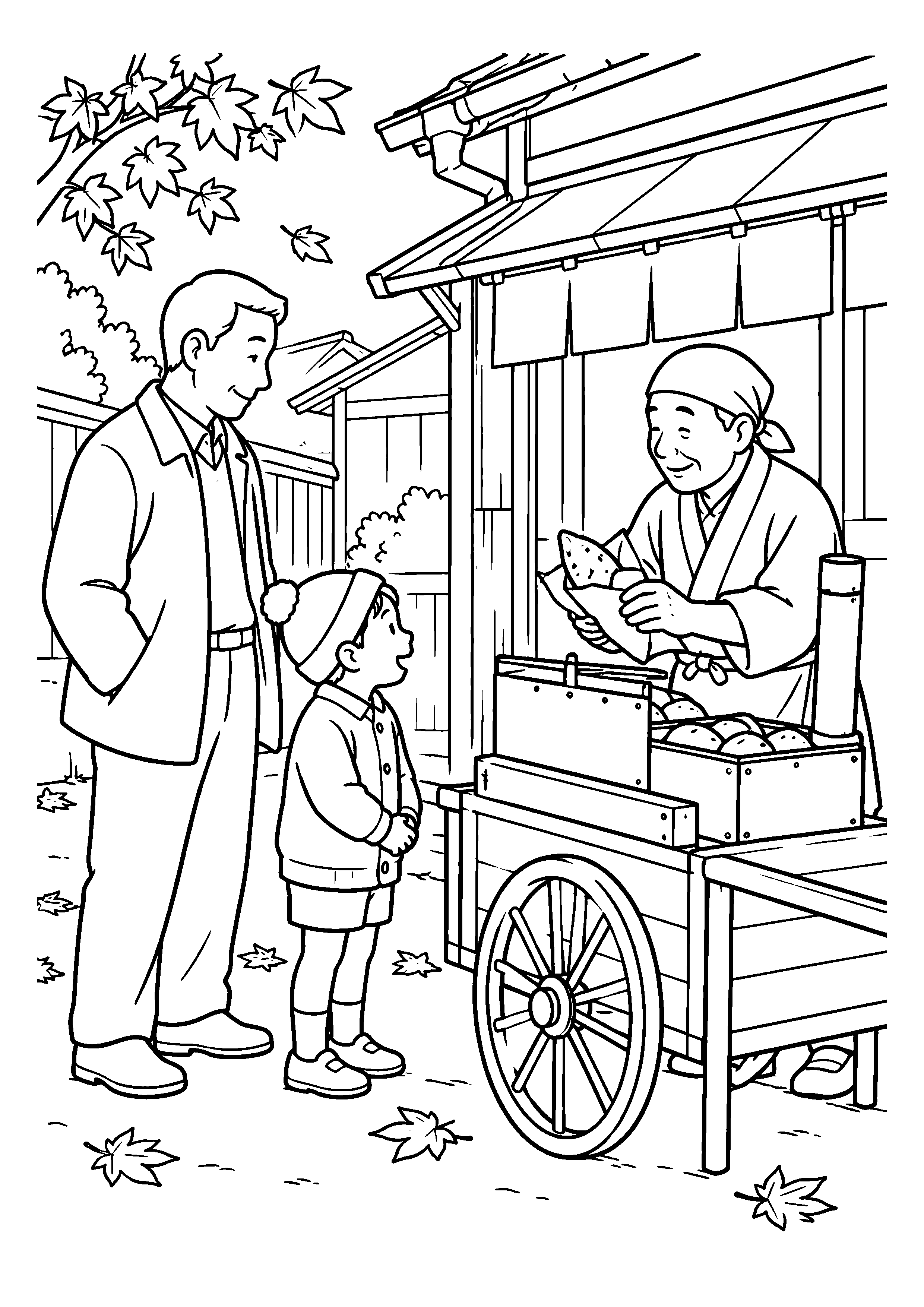 昭和２０年代後半の１１月をイメージした焼き芋売りの手押し車の白黒塗り絵