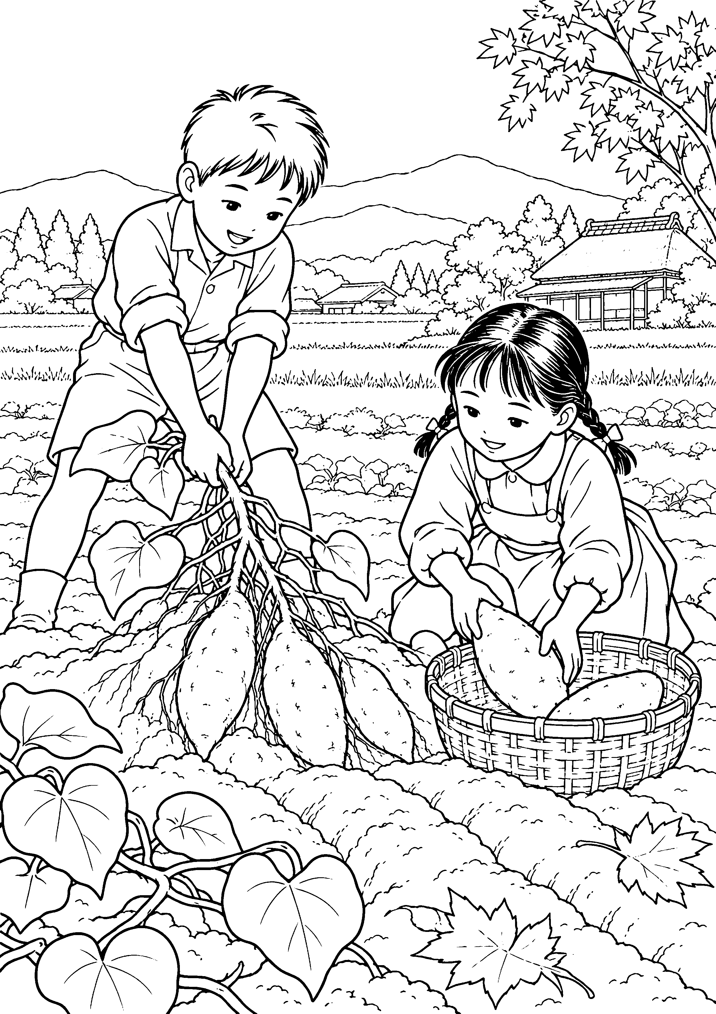 秋の畑でさつまいもを掘る子どもたちの白黒塗り絵