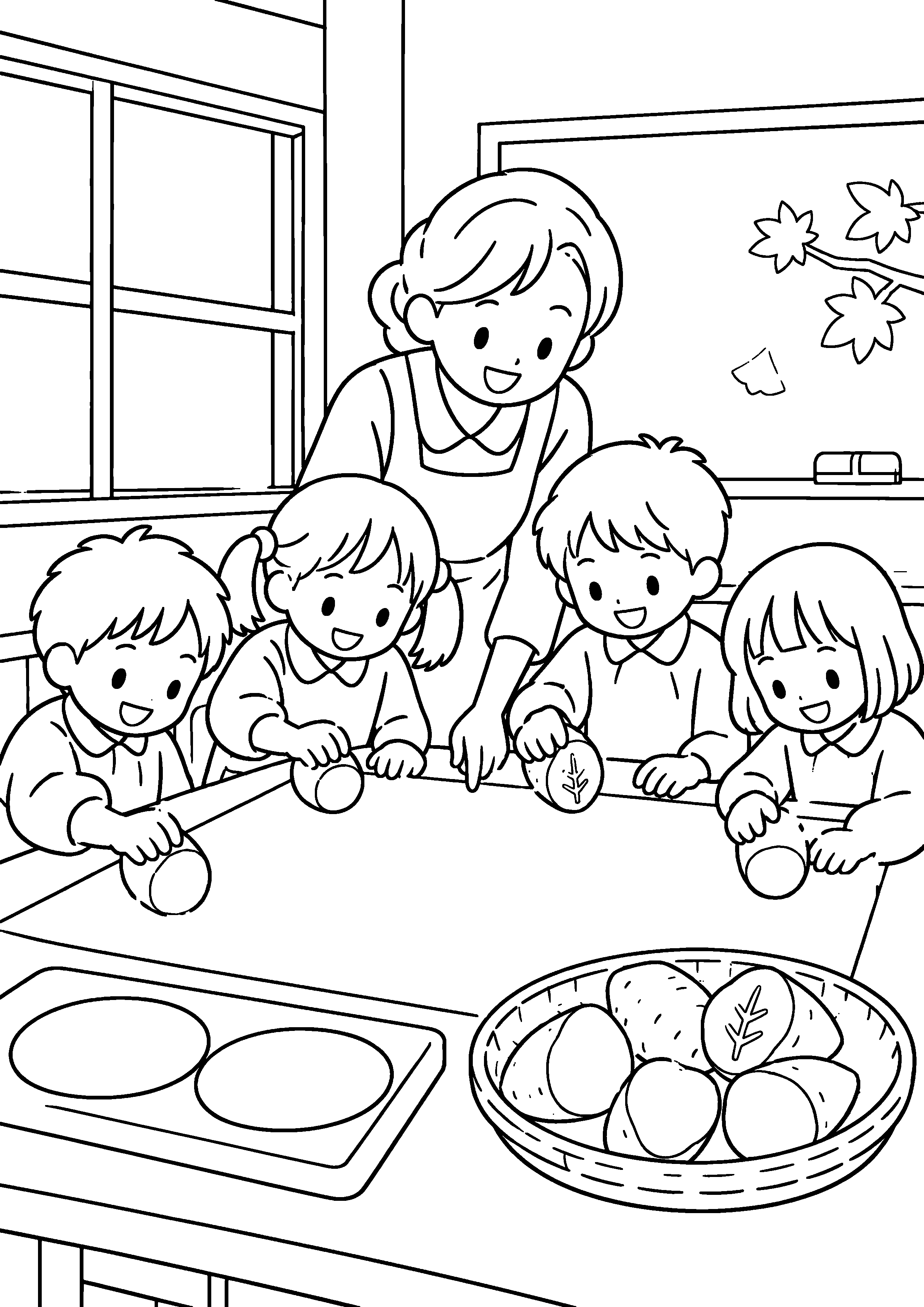 昭和の教室で、先生と子どもたちが切ったさつまいもに簡単な模様をつけ、紙へ押している様子を、太く見やすい黒線で描いた高齢者向け塗り絵